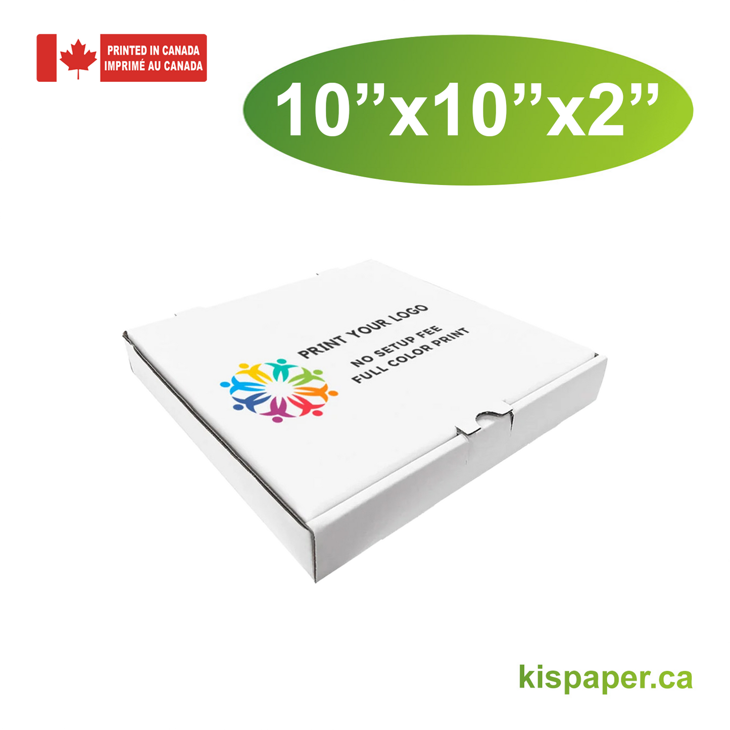 10" x 10" x 2" - Custom White Pizza Boxes - Bundle of 50 - KIS PAPER - 5475; Full Color Custom Print, Printed in Canada