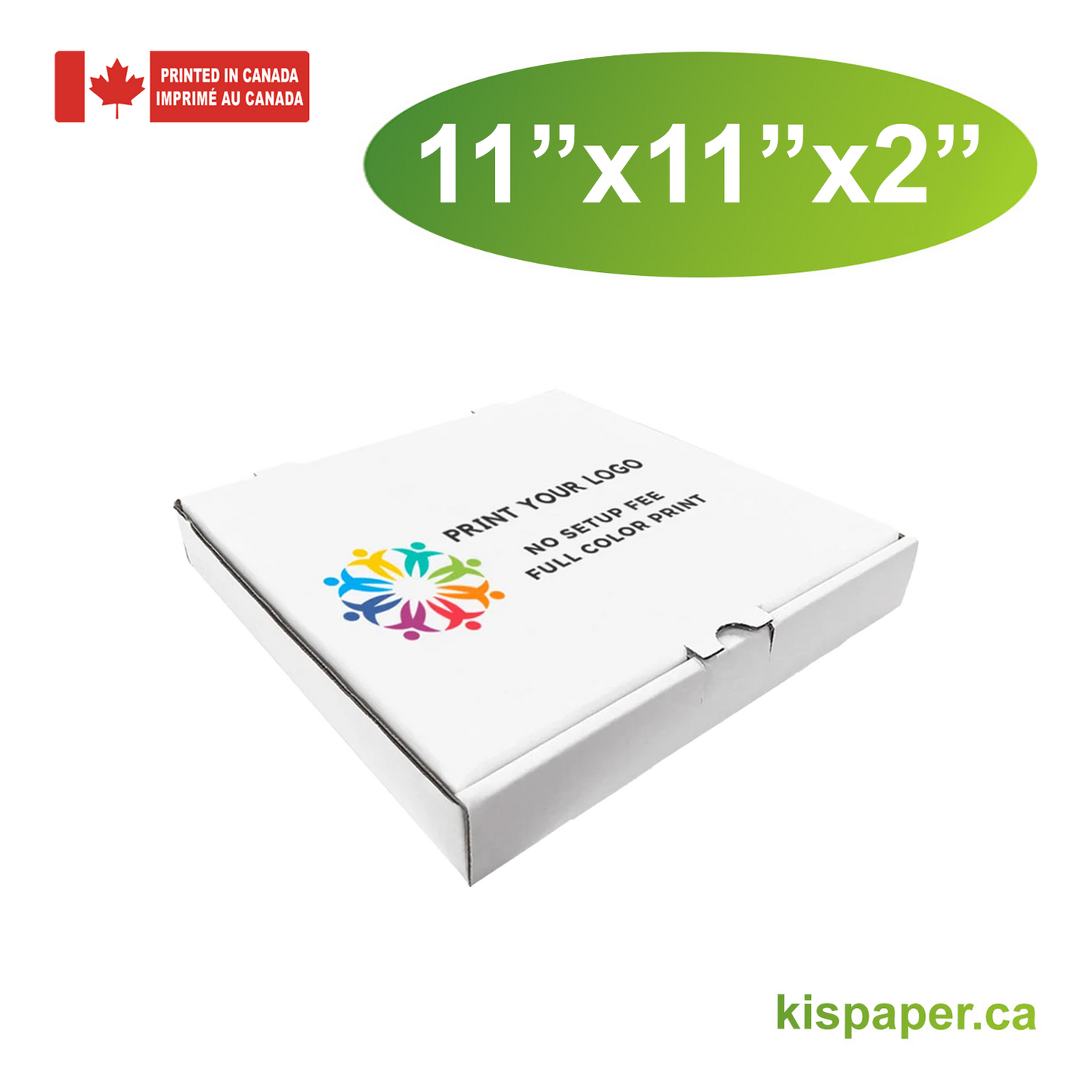 11" x 11" x 2" - Custom White Pizza Boxes - Bundle of 50 - KIS PAPER - 5476; Full Color Custom Print, Printed in Canada