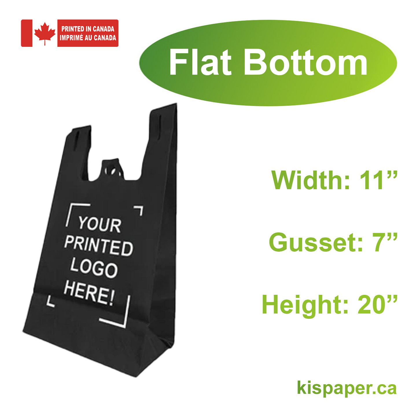 11" x 7" x 20" x 7" - Flat Bottom - Custom Black Non-Woven T-Shirt Bags - Carton of 200 - KIS PAPER - 5245; One Color Custom Print, Printed in Canada