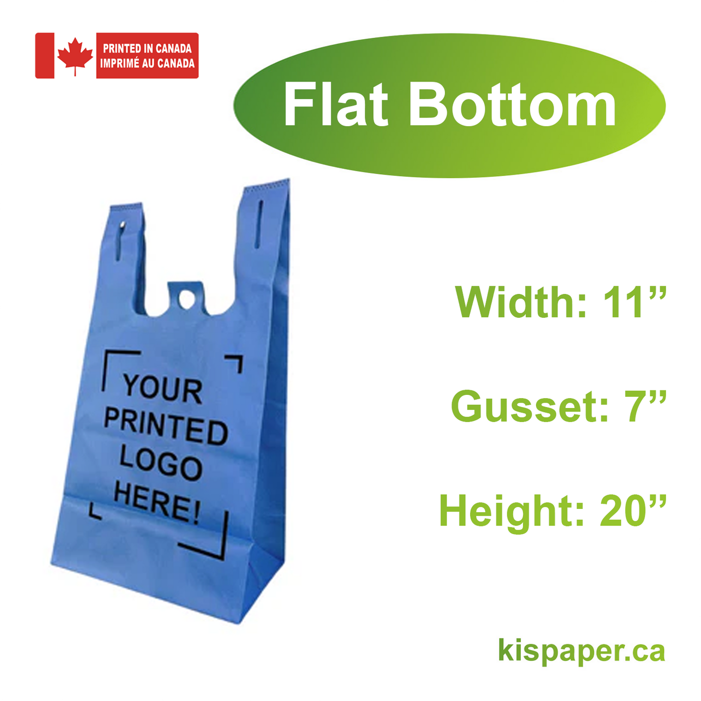 11" x 7" x 20" x 7" - Flat Bottom - Custom Blue Non-Woven T-Shirt Bags - Carton of 200 - KIS PAPER - 5246; One Color Custom Print, Printed in Canada