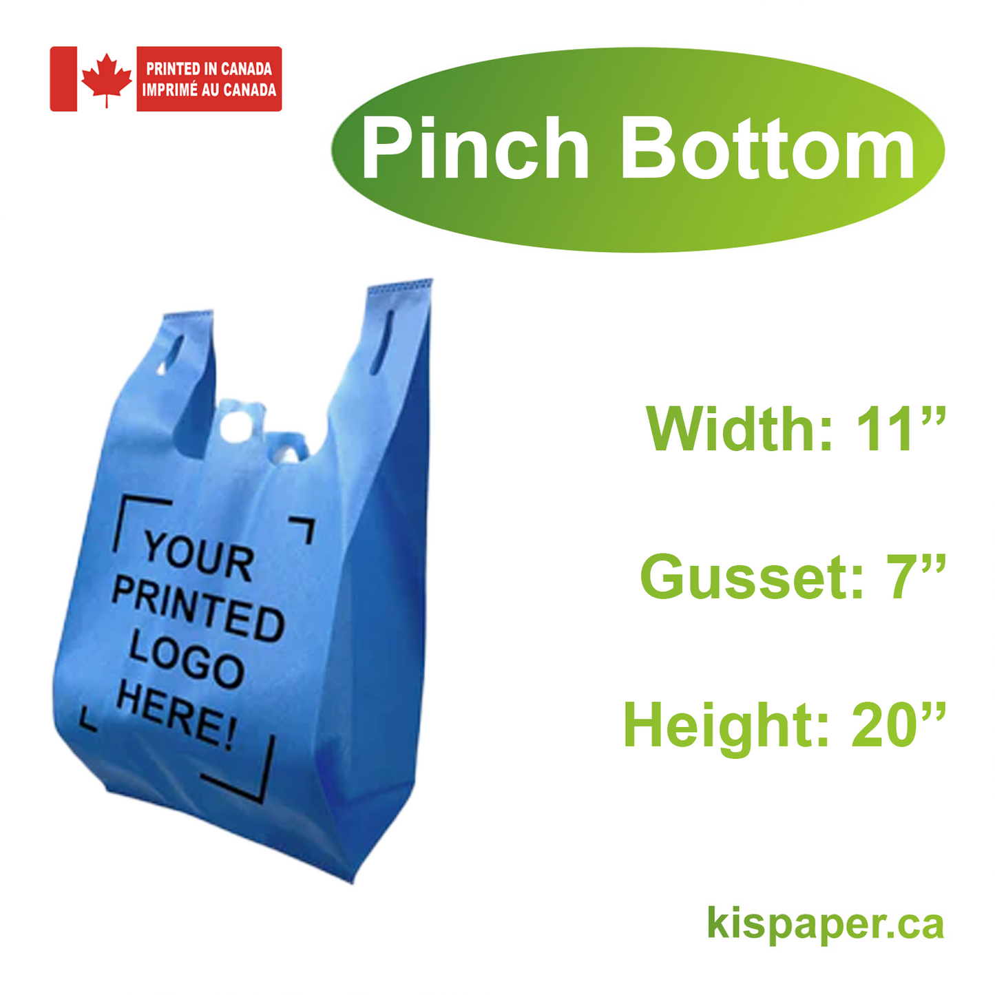 11" x 7" x 20" - Pinch Bottom - Custom Blue Non-Woven T-Shirt Bags - Carton of 200 - KIS PAPER - 5252; One Color Custom Print, Printed in Canada