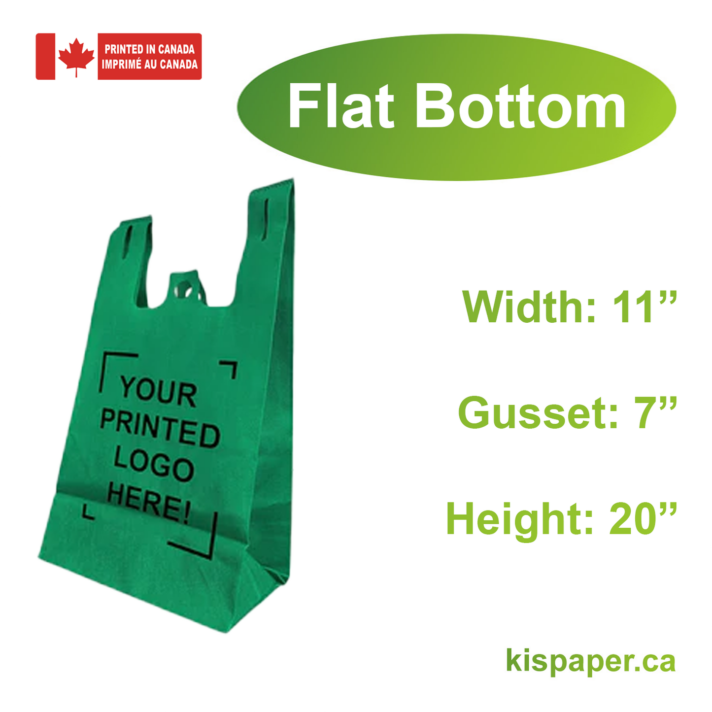 11" x 7" x 20" x 7" - Flat Bottom - Custom Green Non-Woven T-Shirt Bags - Carton of 200 - KIS PAPER - 5247; One Color Custom Print, Printed in Canada