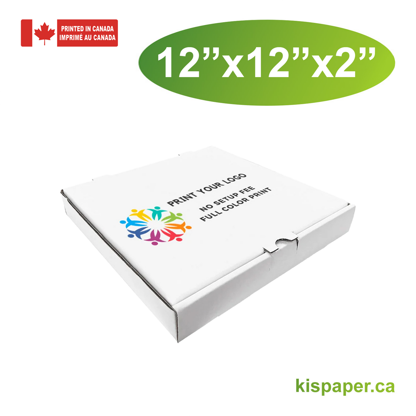 12" x 12" x 2" - Custom White Pizza Boxes - Bundle of 50 - KIS PAPER - 5477; Full Color Custom Print, Printed in Canada