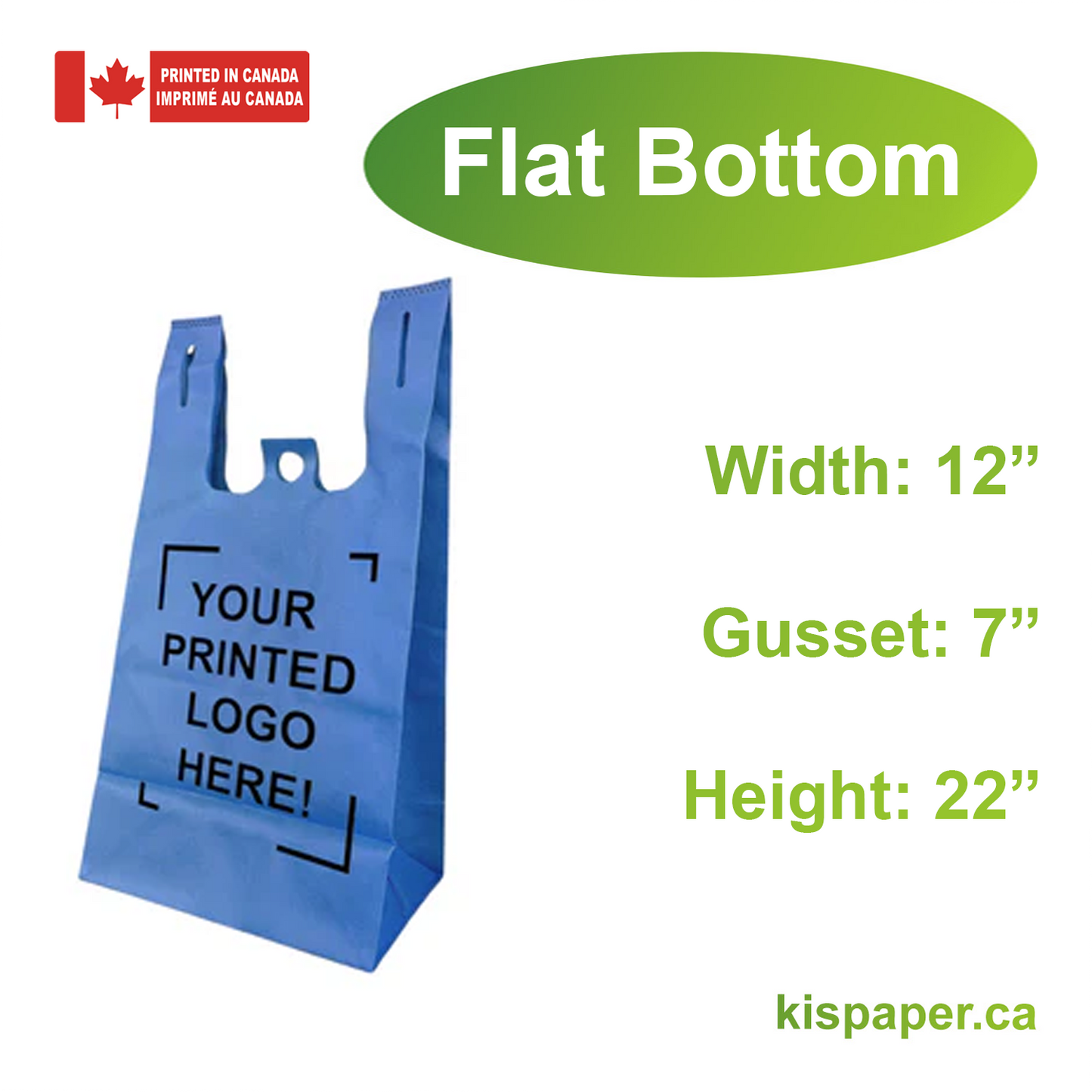 12" x 7" x 22" x 7" - Flat Bottom - Custom Blue Non-Woven T-Shirt Bags - Carton of 200 - KIS PAPER - 5256; One Color Custom Print, Printed in Canada