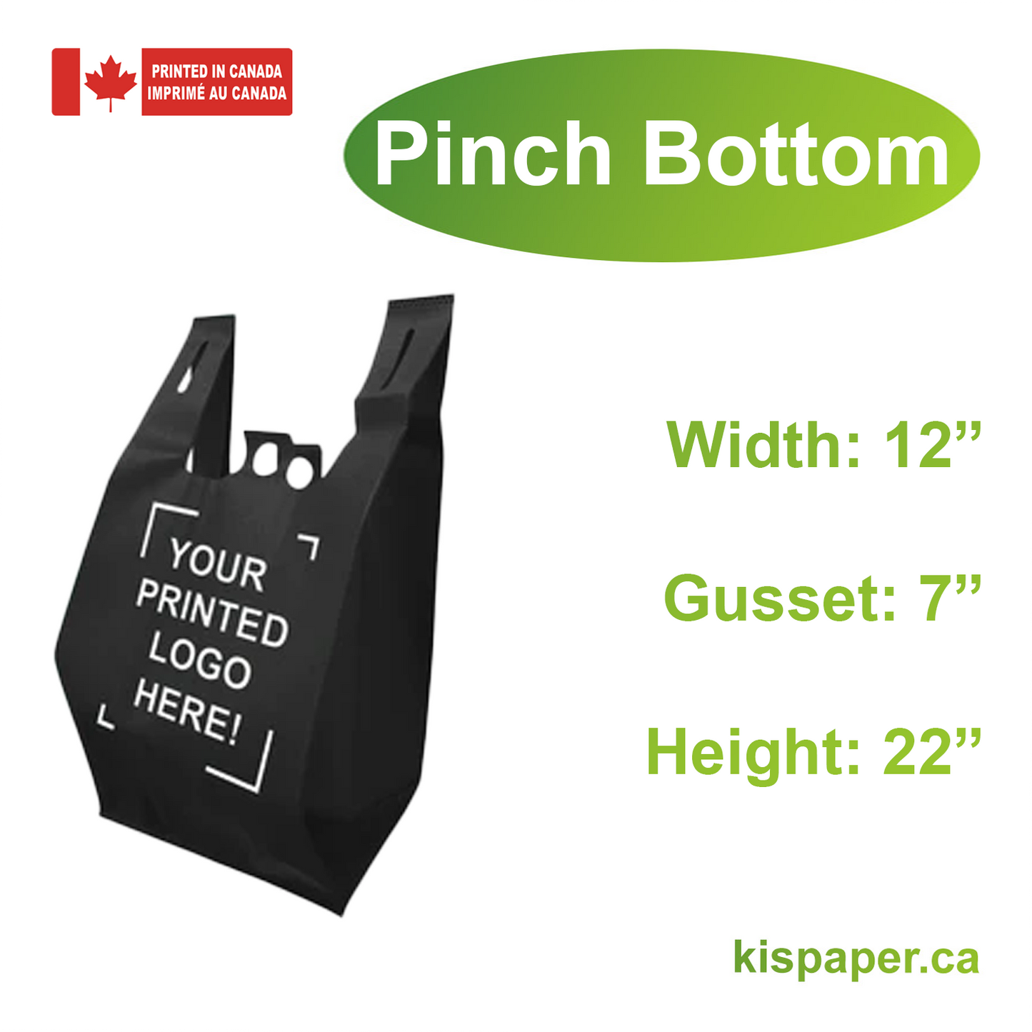 12" x 7" x 22" - Pinch Bottom - Custom Black Non-Woven T-Shirt Bags - Carton of 200 - KIS PAPER - 5257; One Color Custom Print, Printed in Canada