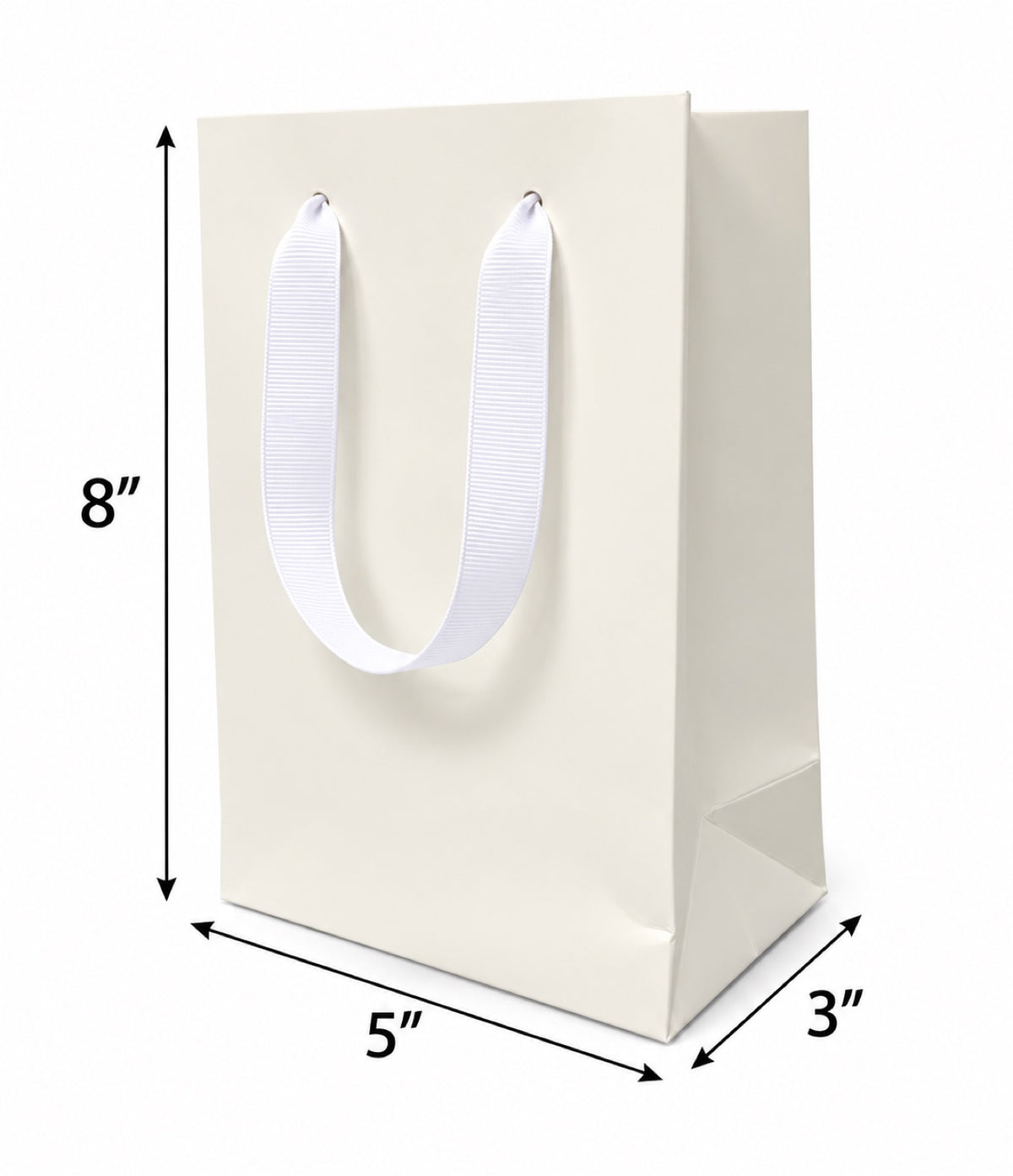 Euro Tote Laminated White Paper Shopping Bag 5"x3"x8" with White Grosgrain Ribbon Handles, 150 pcs/Case – SKU#6833