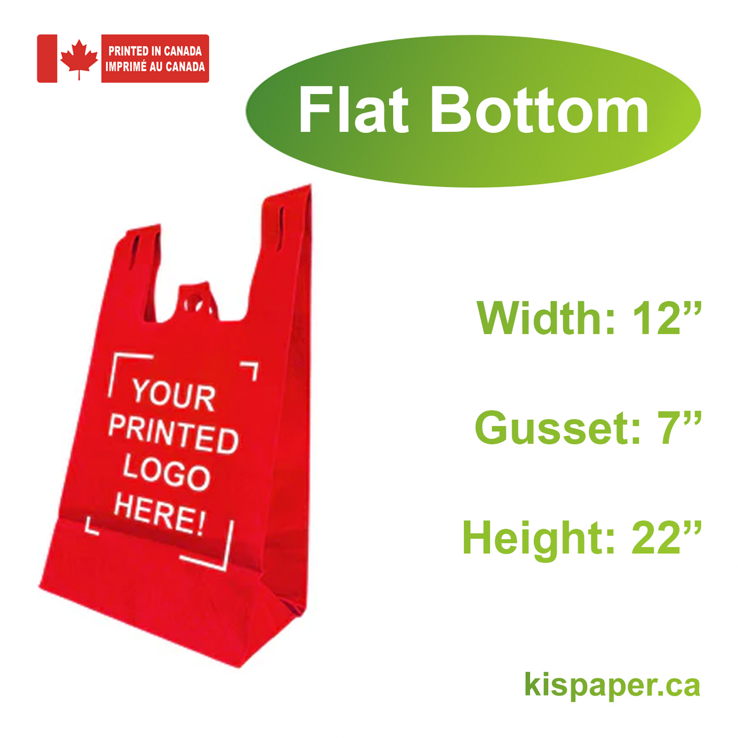12" x 7" x 22" x 7" - Flat Bottom - Custom Red Non-Woven T-Shirt Bags - Carton of 200 - KIS PAPER - 5254; One Color Custom Print, Printed in Canada