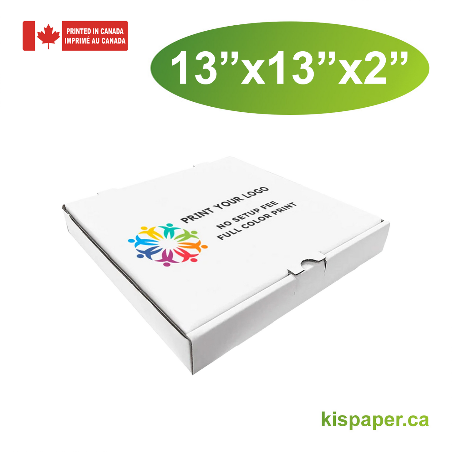 13" x 13" x 2" - Custom White Pizza Boxes - Bundle of 50 - KIS PAPER - 5478; Full Color Custom Print, Printed in Canada