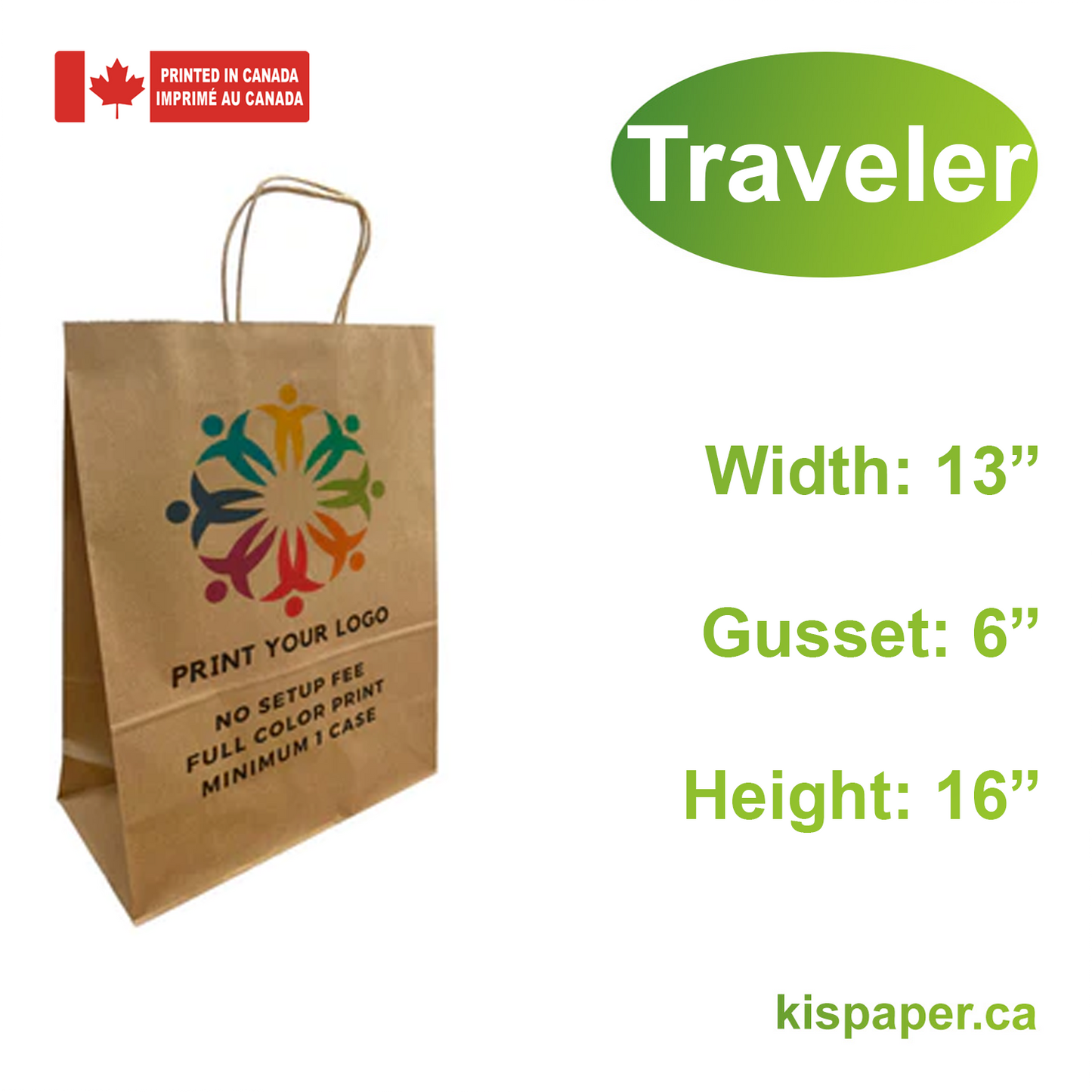 Traveler 13x6x16 inches Kraft Paper Bags Twist Handles, Full Color Custom Print, Printed in Canada