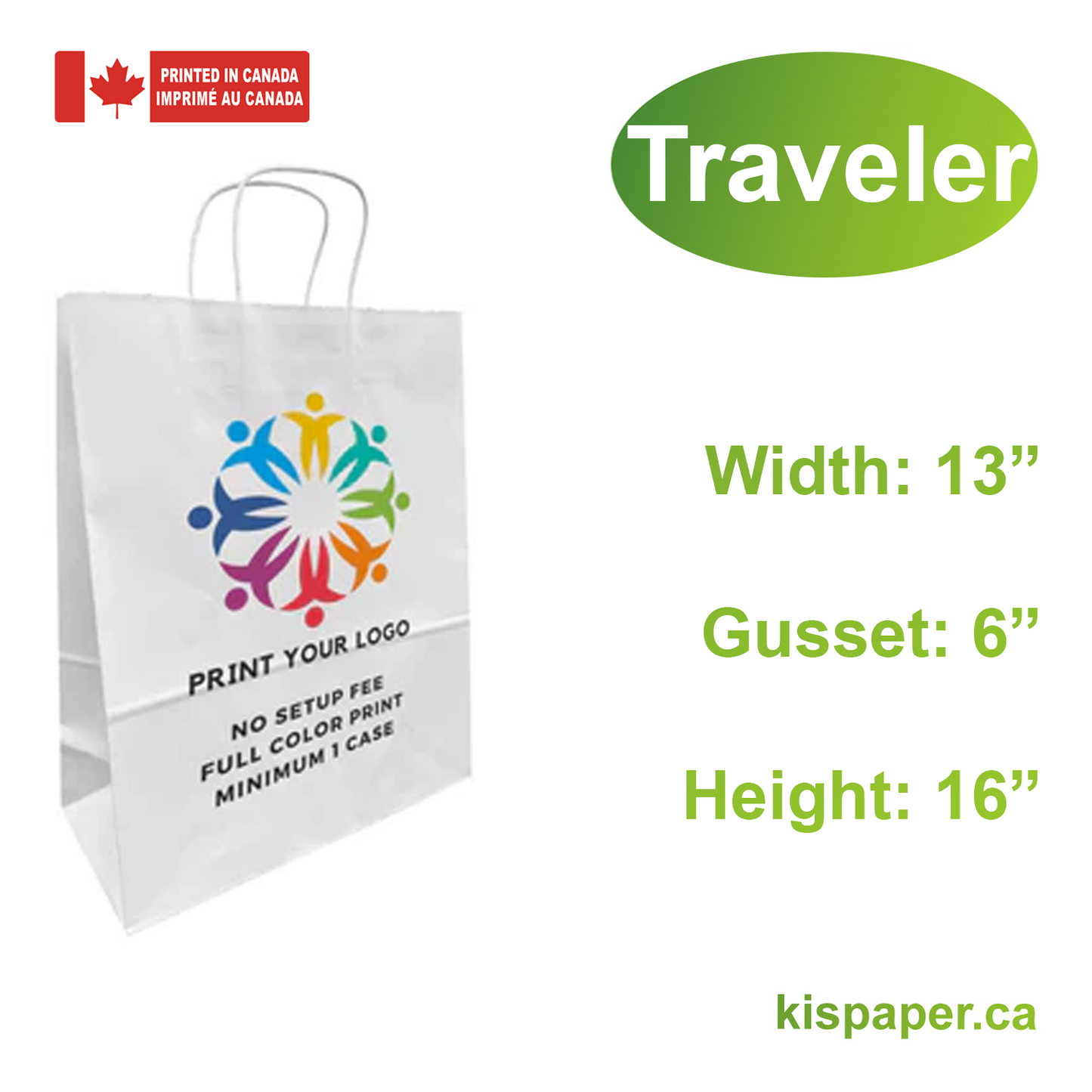 Traveler 13x6x16 inches White Paper Bags Twist Handles, Full Color Custom Print, Printed in Canada