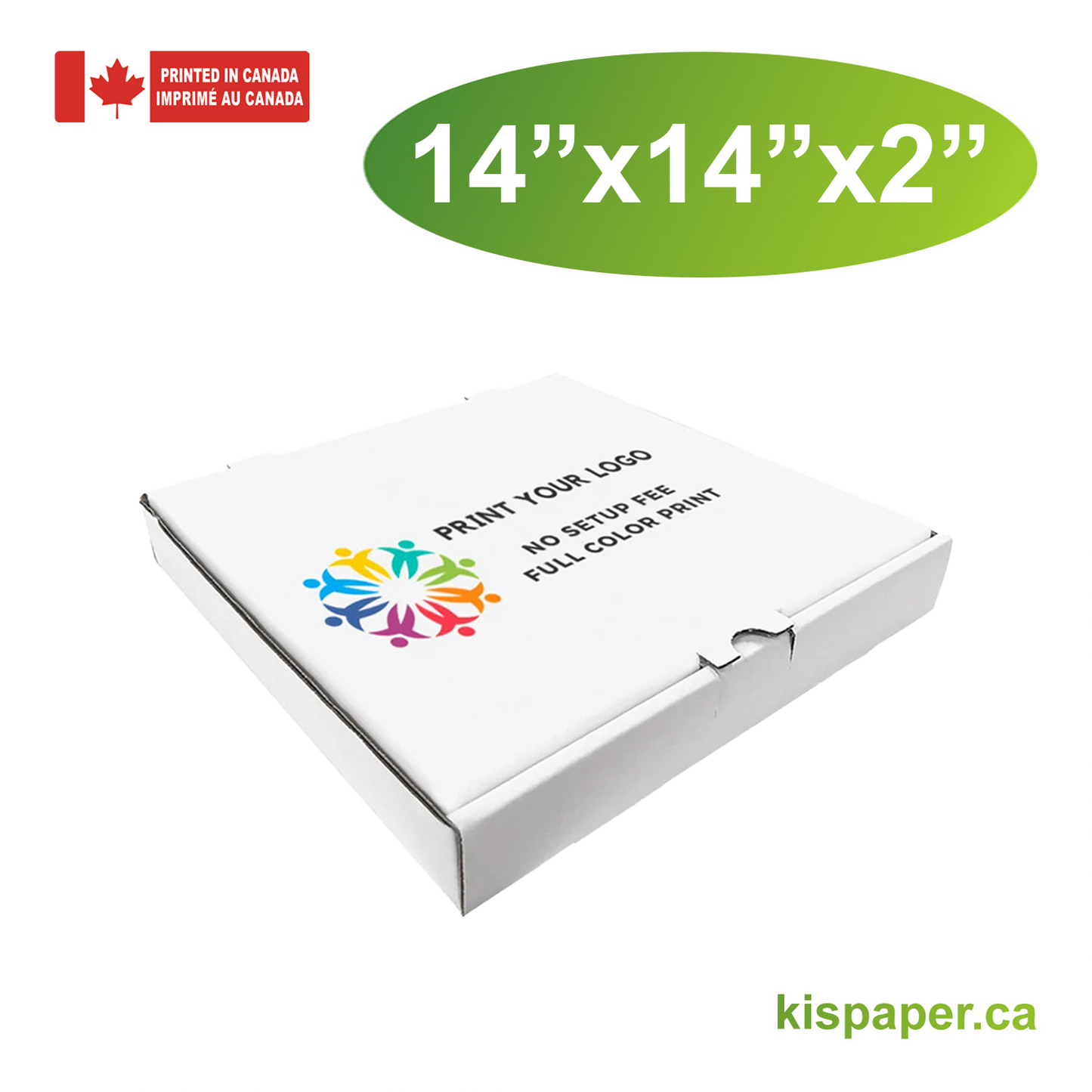 14" x 14" x 2" - Custom White Pizza Boxes - Bundle of 50 - KIS PAPER - 5479; Full Color Custom Print, Printed in Canada