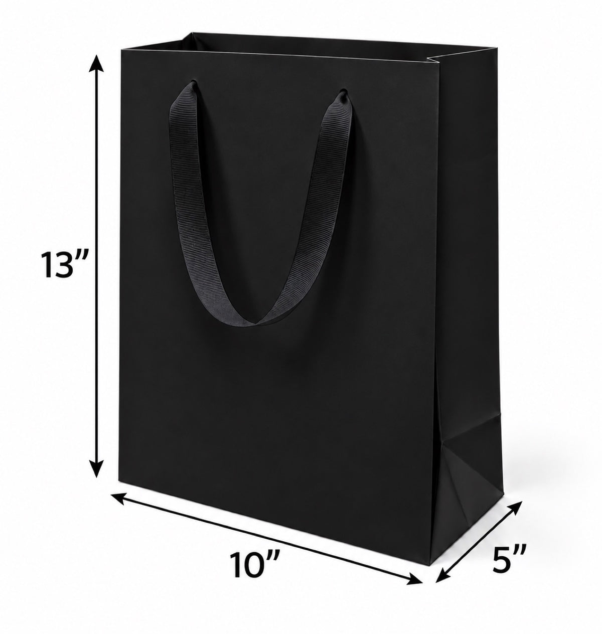 Euro Tote Laminated Black Paper Shopping Bag 10"x5"x13" with Black Grosgrain Ribbon Handles, 150 pcs/Case – SKU#6831