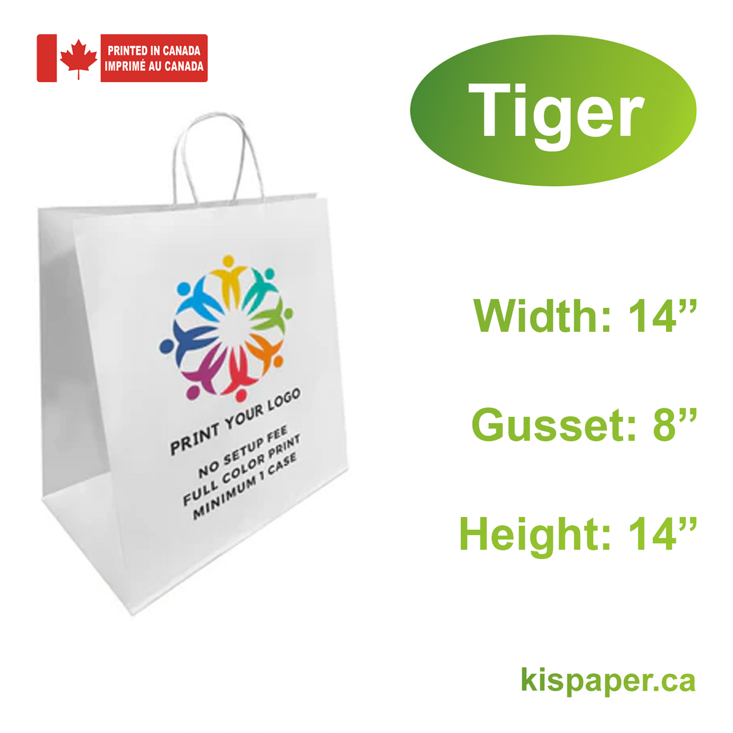 Tiger 14x8x14 inches White Paper Bags Twist Handles; Full Color Print, Printed in Canada