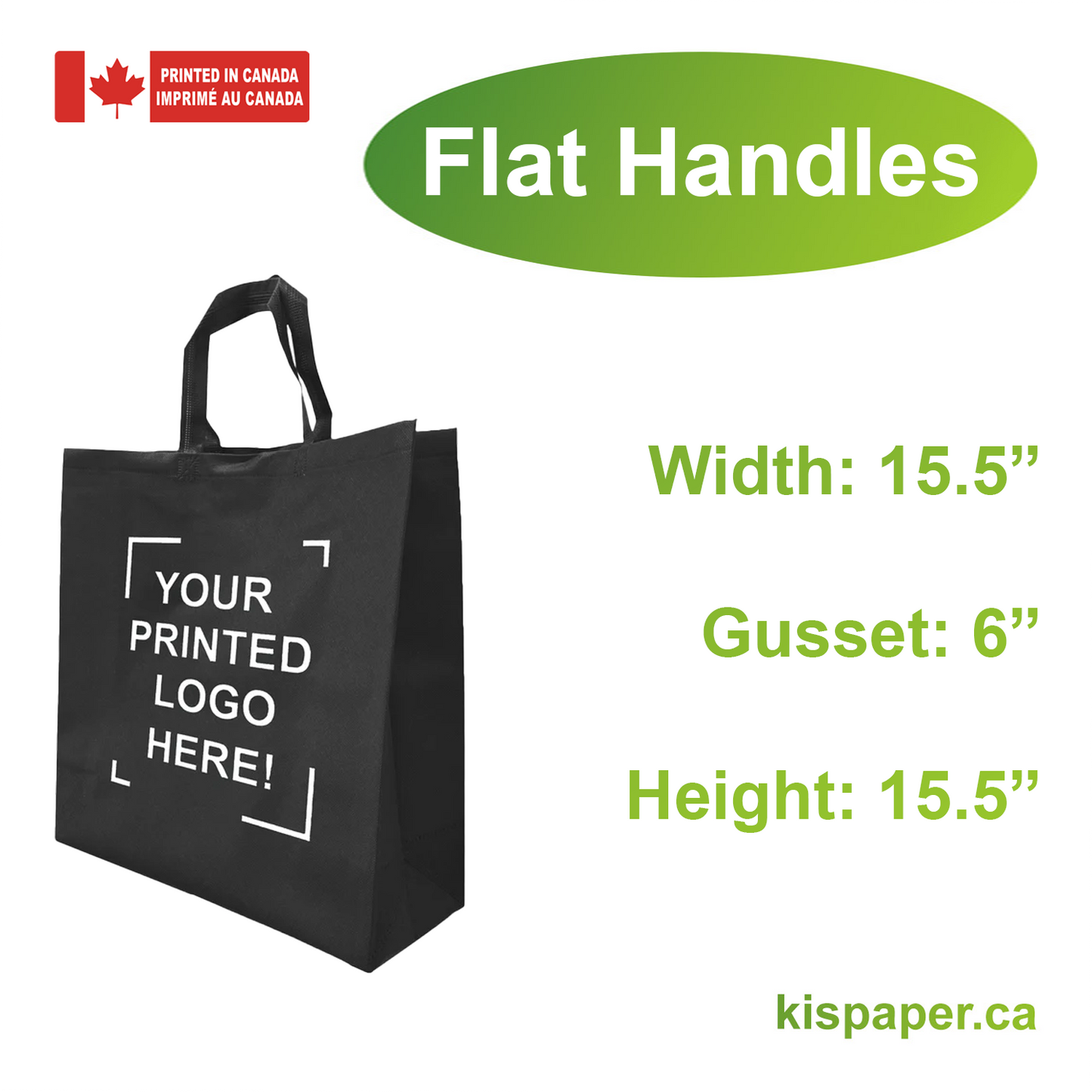 15.5" x 6" x 15.5" - Flat Bottom - Custom Black Non-Woven Shopping Bags - Carton of 200 - KIS PAPER - 5265; One Color Custom Print, Printed in Canada