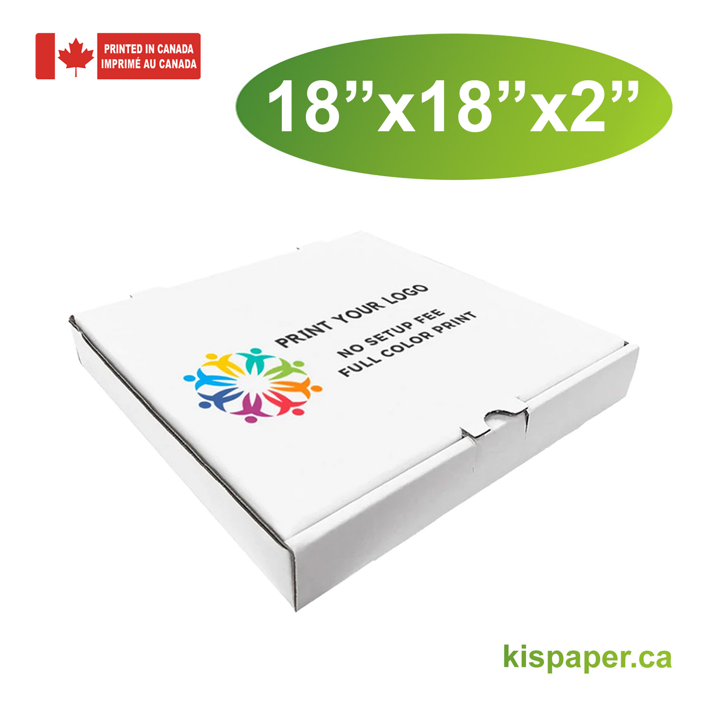 18" x 18" x 2" - Custom White Pizza Boxes - Bundle of 50 - KIS PAPER - 5483; Full Color Custom Print, Printed in Canada