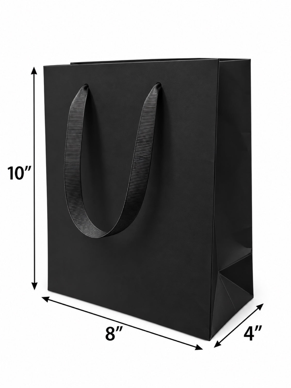Euro Tote Laminated Black Paper Shopping Bag 8"x4"x10" with Black Grosgrain Ribbon Handles, 150 pcs/Case – SKU#6122