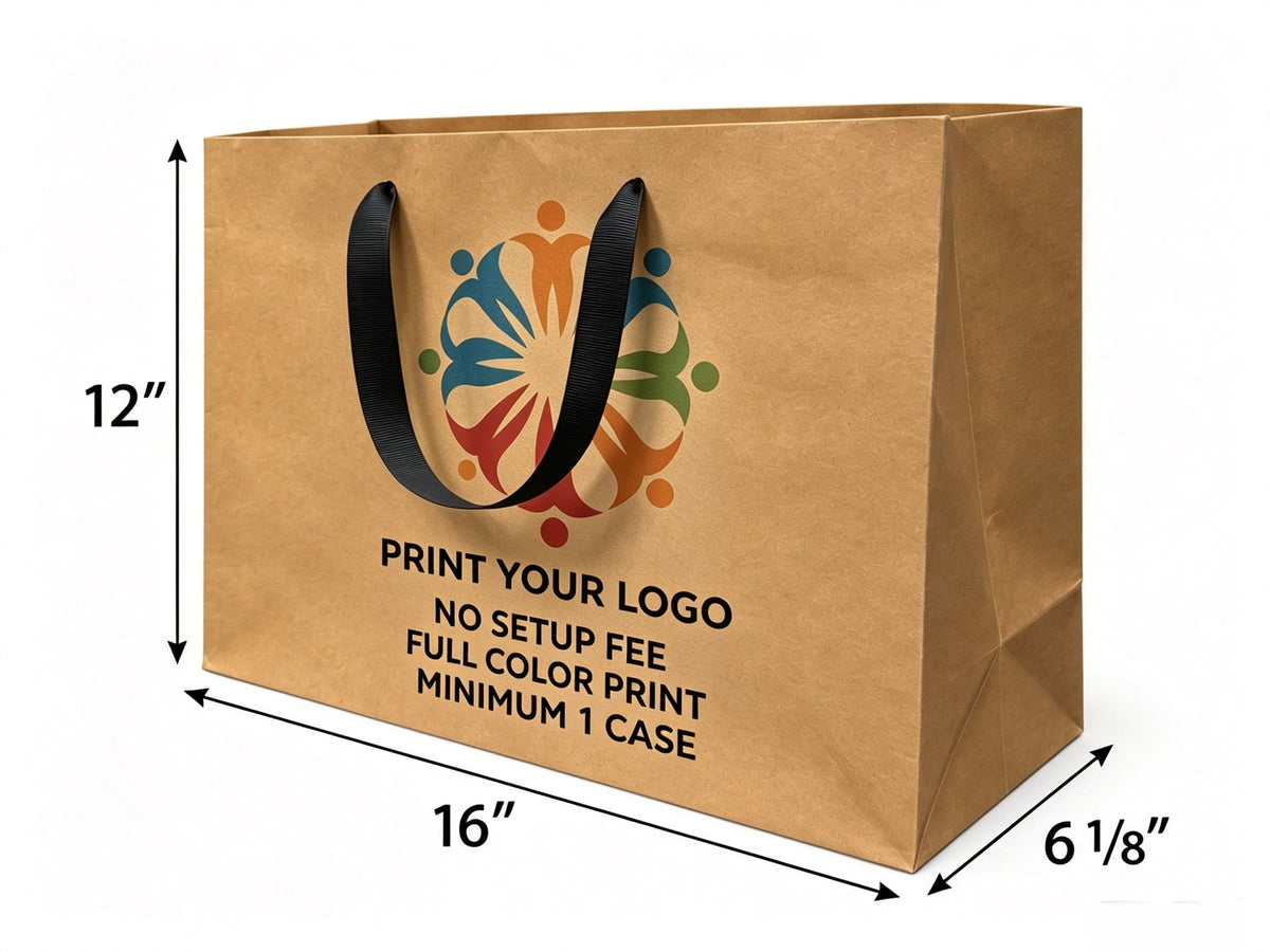 Custom Printed Euro Tote Vogue Kraft Paper Bags 16" x 6" x 12" with Ribbon Handles - SKU #5313