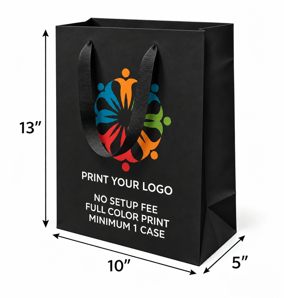 Custom Printed Euro Tote Laminated Debbie Black Paper Bags (10″ × 5″ × 13″) with Ribbon Handles - SKU #6831