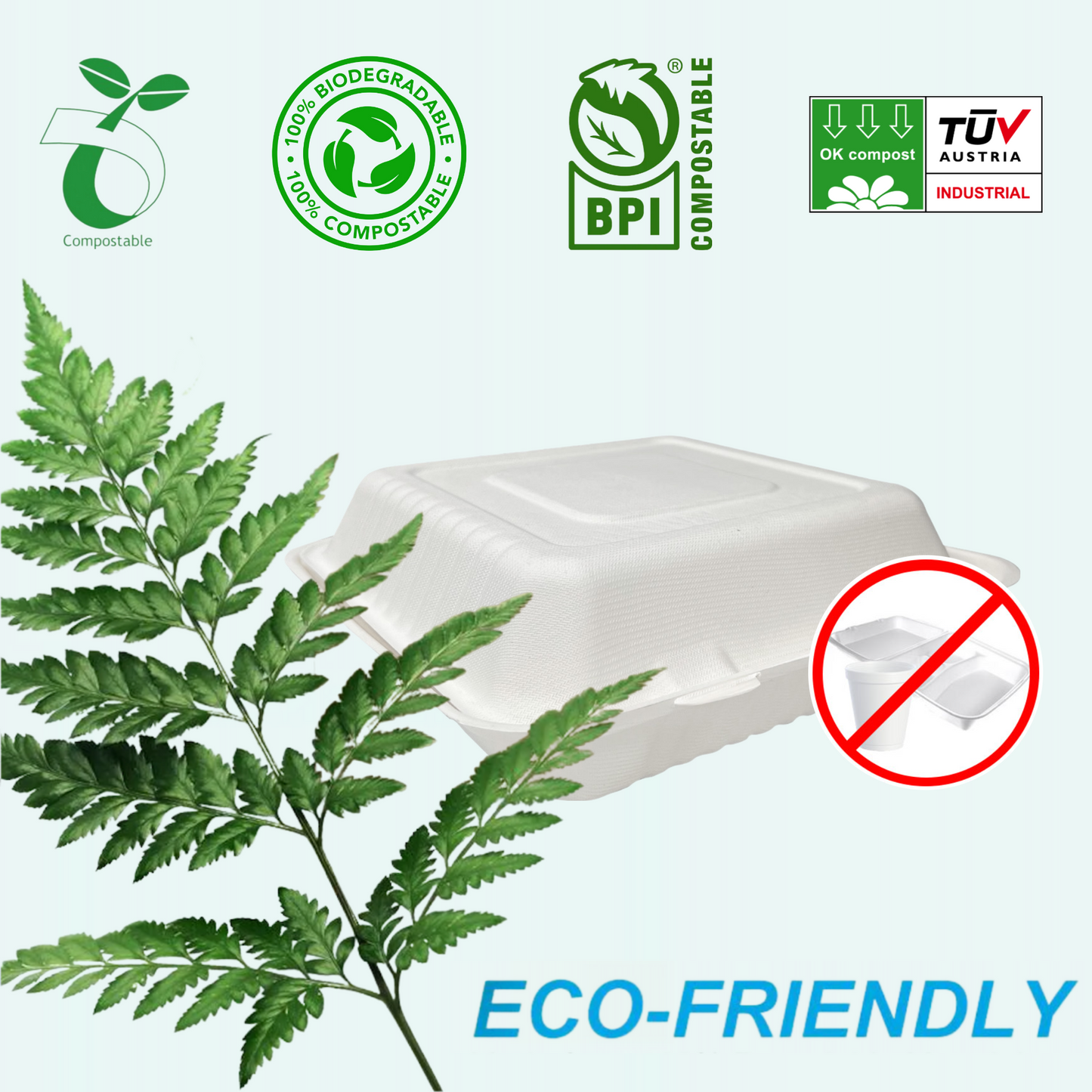 200 Pcs, 8x8x3'', 1-Compartment, Sugarcane Clamshell Food Container