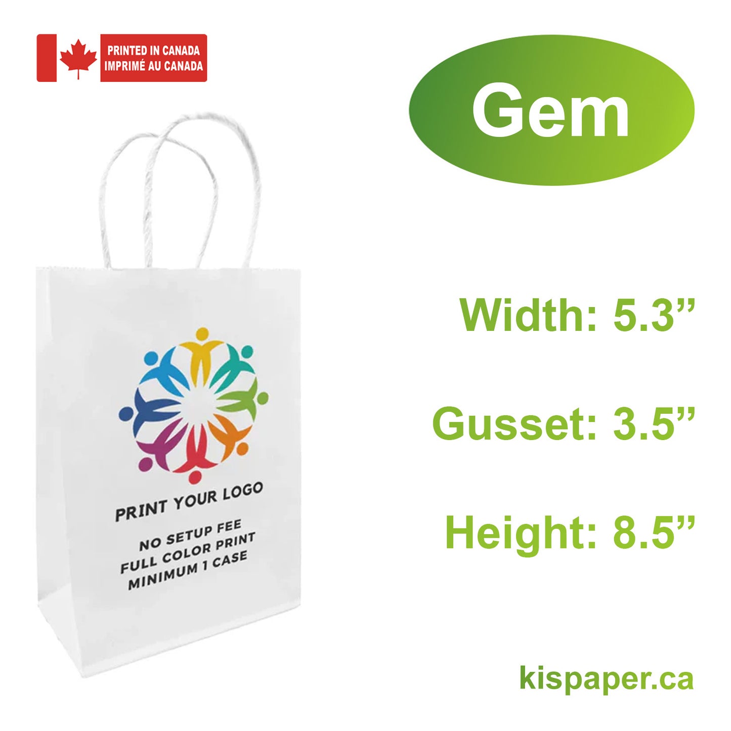 Gem 5.3x3.5x8.5 inches White Paper Bags Twist Handles; Full Color Custom Print, Printed in Canada