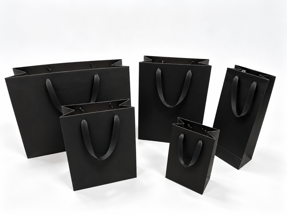 Euro Tote Black Paper Bags 16" x 6" x 12" with Ribbon/Rope Handles "150 pcs/case SKU #