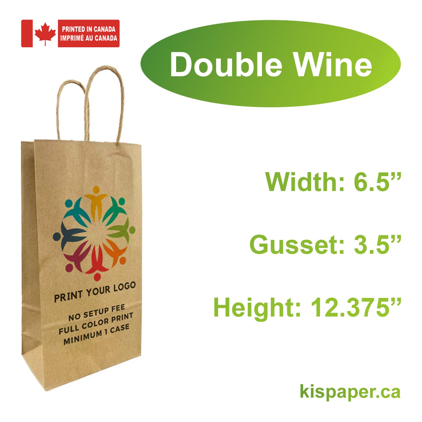 Double Wine 6.5x3.5x12.375 inches Kraft Paper Bags Twist Handles; Full Color Custom Print, Printed in Canada