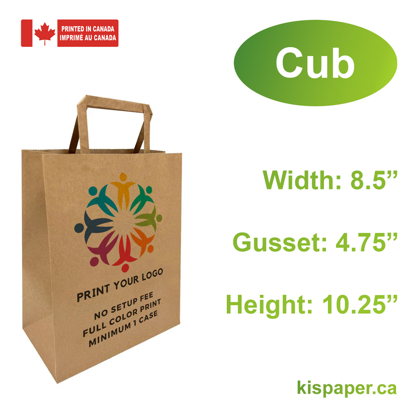 Cub 8.5x4.75x10.25 inches Kraft Paper Bags Flat Handles; Full Color Custom Print, Printed in Canada