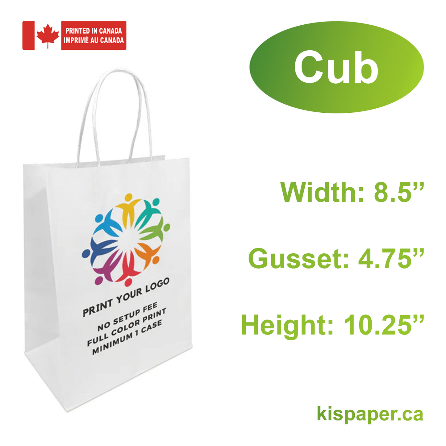 Cub 8.5x4.75x10.25 inches White Paper Bags Twist Handles; Full Color Custom Print, Printed in Canada