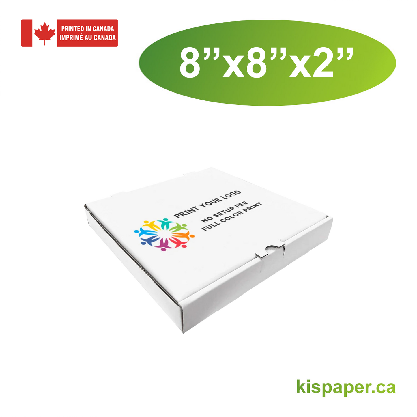 8" x 8" x 2" - Custom White Pizza Boxes - Bundle of 50 - KIS PAPER - 5473; Full Color Custom Print, Printed in Canada