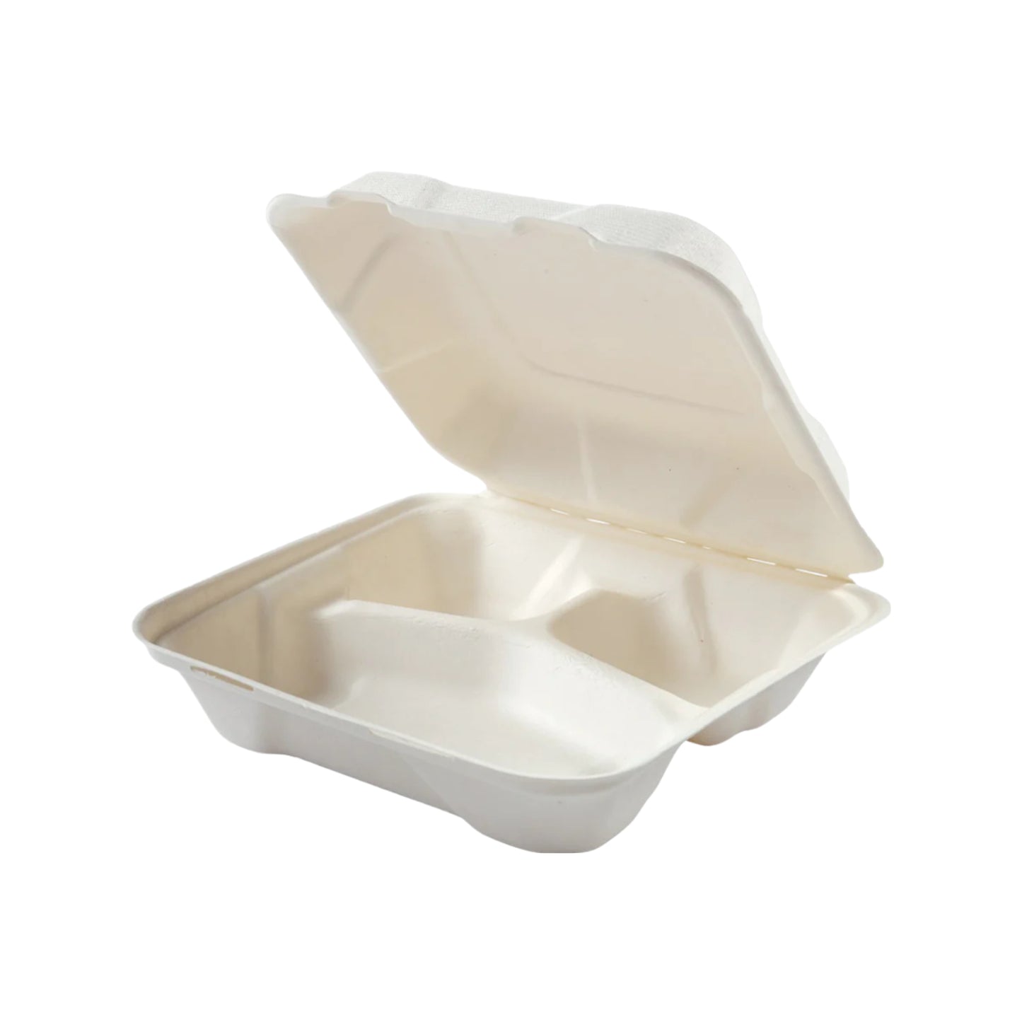 7.8" x 7.8" x 2.5" - Bagasse Clamshell 3 Compartments - Shallow - Case of 200 - KIS PAPER - 5119; from $0.18/pc