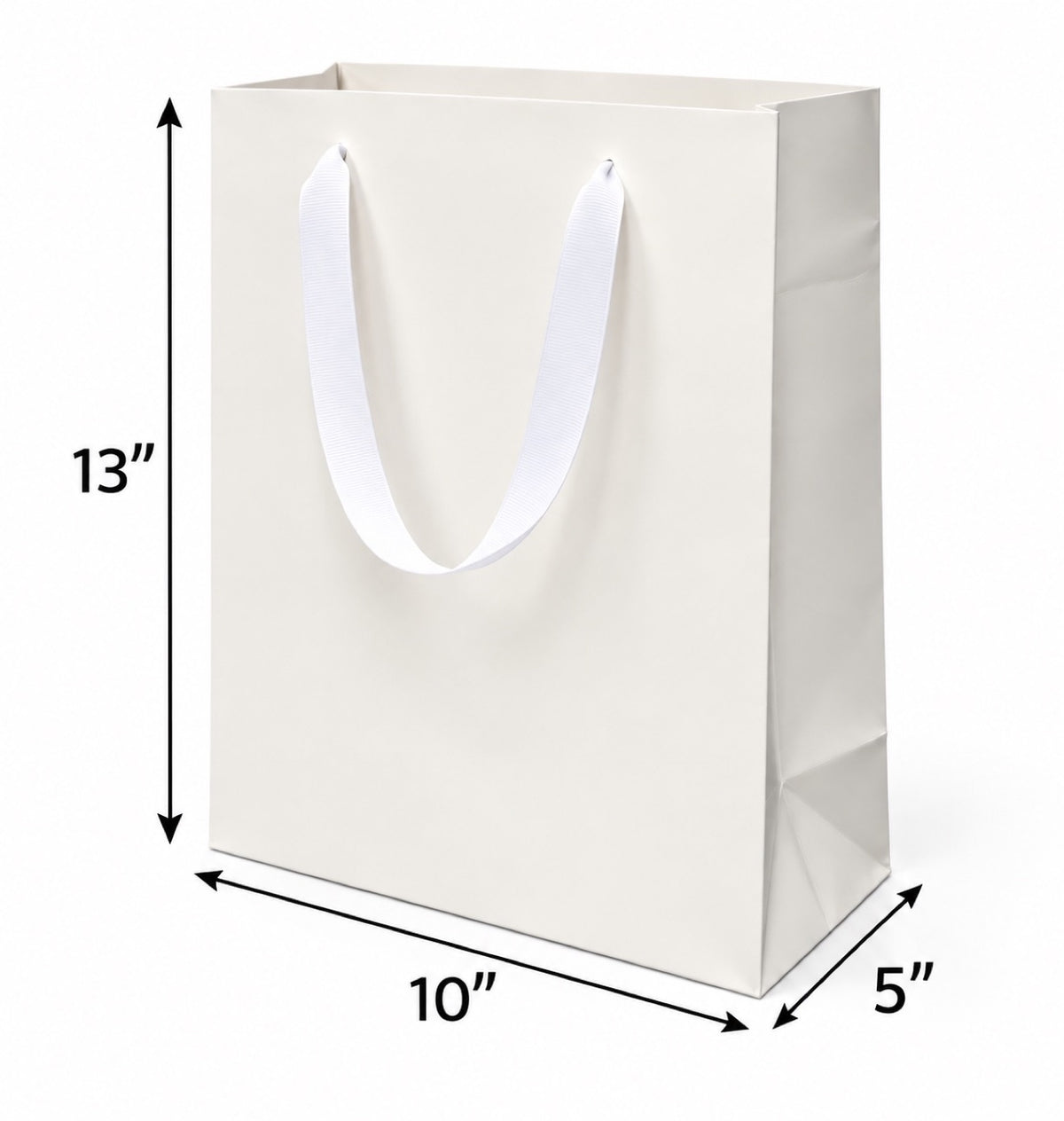 Euro Tote Laminated White Paper Shopping Bag 10"x5"x13" with White Grosgrain Ribbon Handles, 150 pcs/Case – SKU#6660