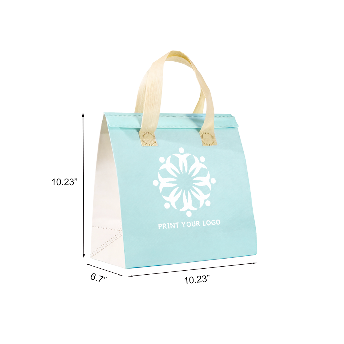 Custom Printed Aluminum Cooler Blue Insulated Takeout Bags (10.23” x 6.7” x 10.23”) with White Flat Handles - SKU #6032