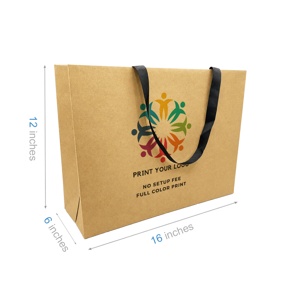 Custom Printed Vogue Kraft Contour Luxe Paper Bags (16″ × 6″ × 12″) with Black Ribbon Handles - SKU #6213