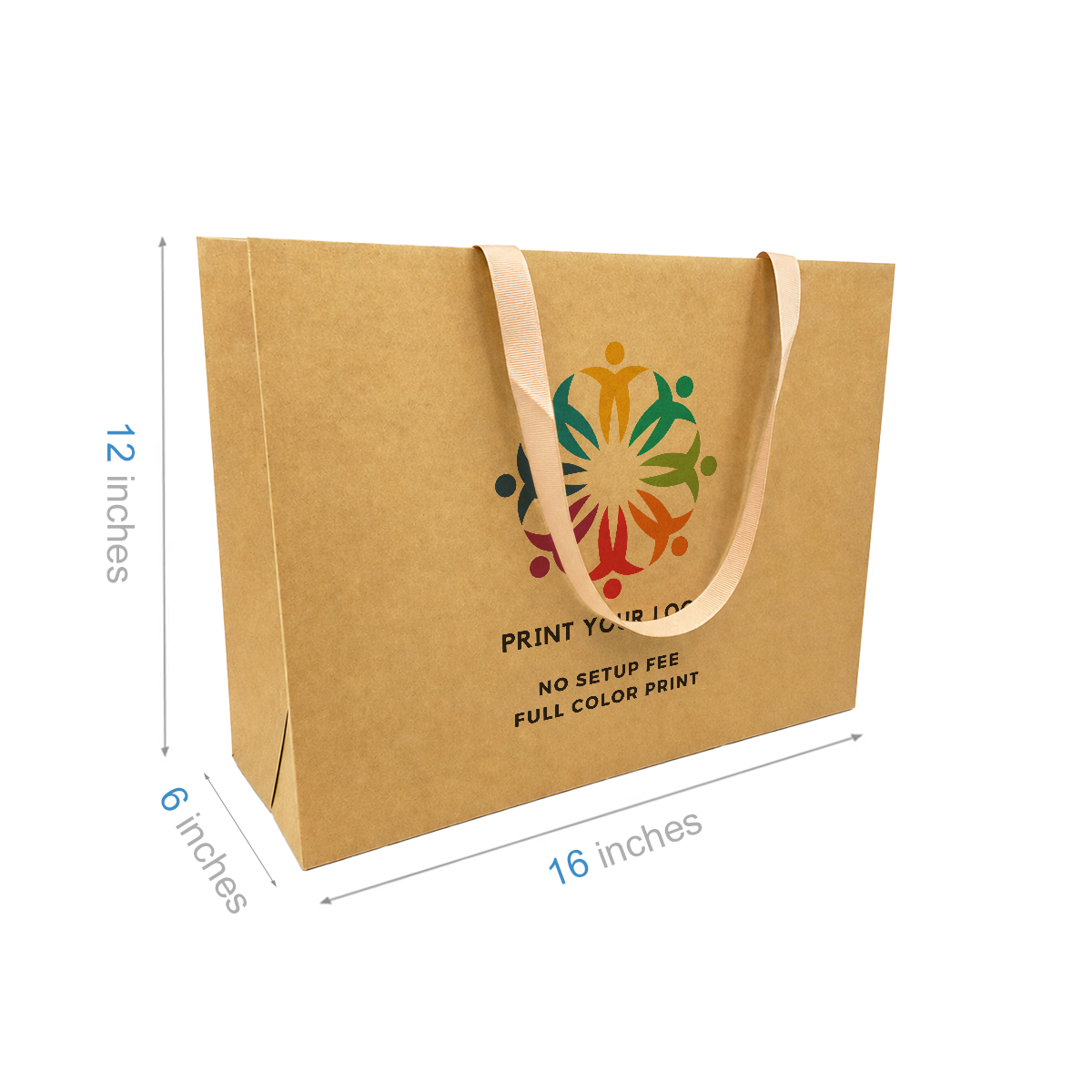 Custom Printed Vogue Kraft Contour Luxe Paper Bags (16″ × 6″ × 12″) with Brown Ribbon Handles - SKU #6226