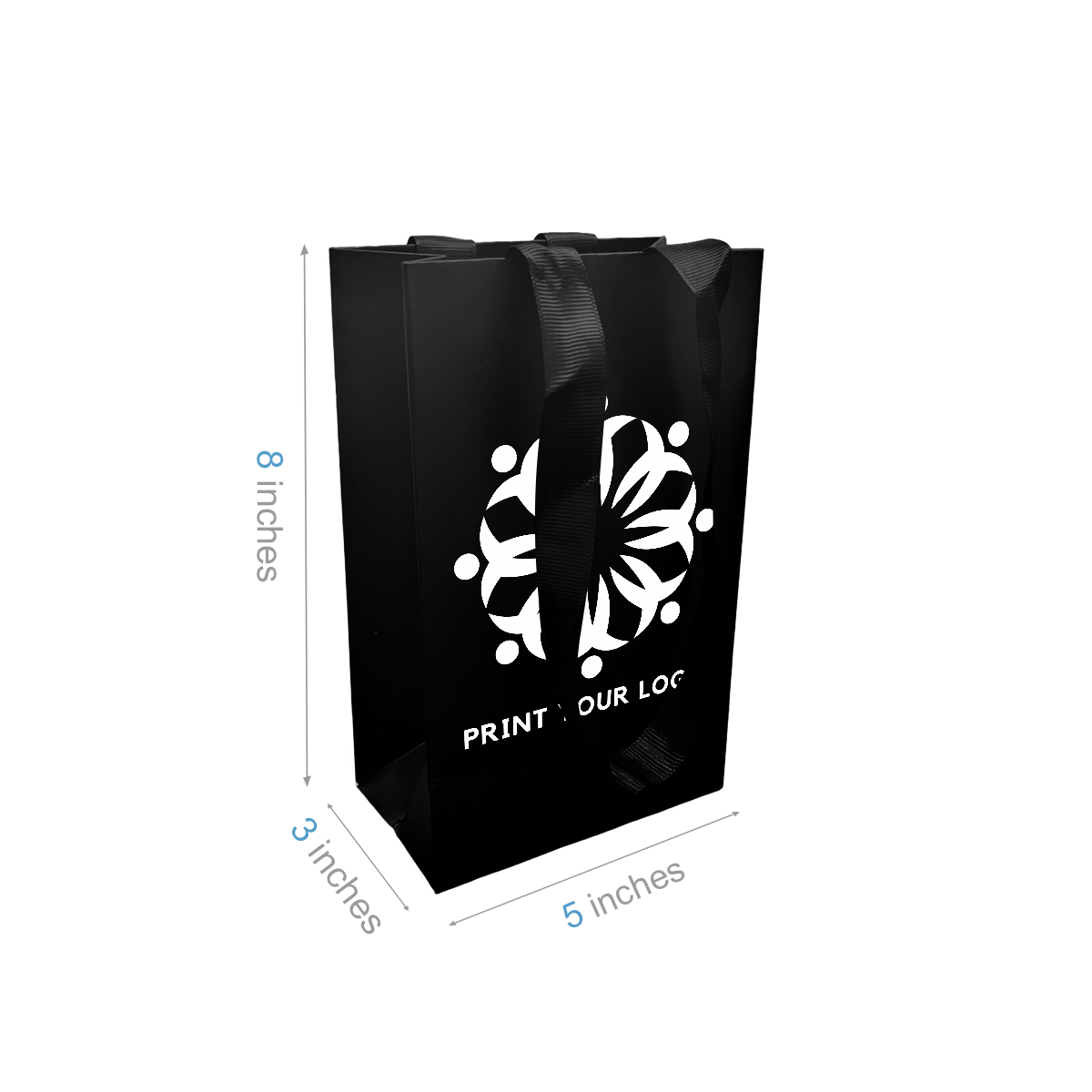 Gem 5x3x8 inches Black Laminated Contour Luxe Paper Bags, Double-sides Smooth Finish, Black Ribbon Handles; One Color Custom Print, Printed in Canada