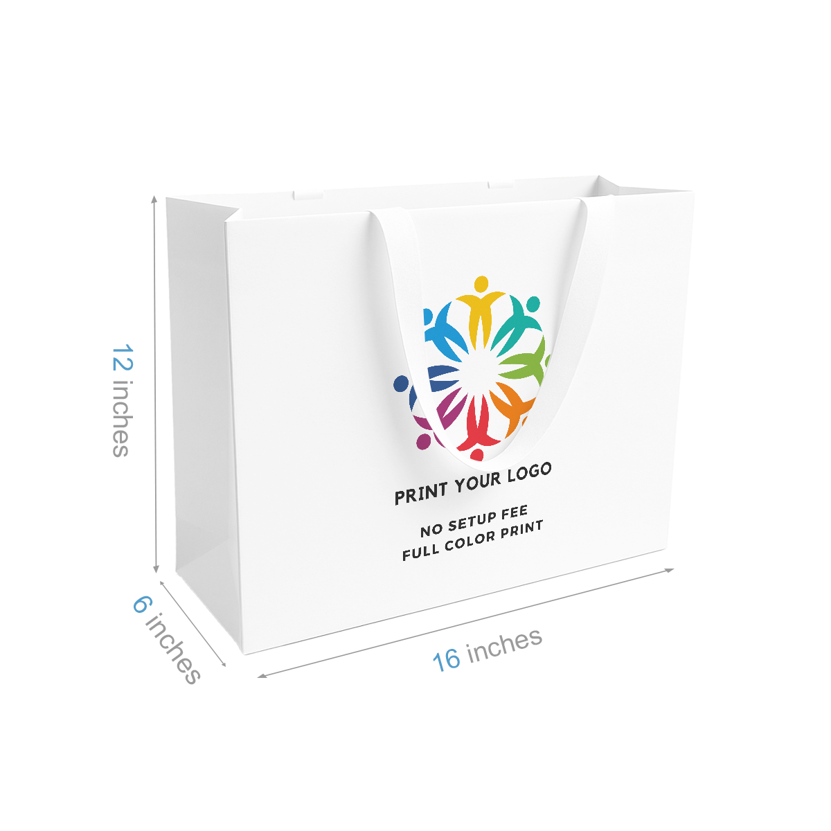 Vogue 16x6x12 inches White Contour Luxe Paper Bags, Double-sides Smooth Finish, White Ribbon Handles; Full Color Custom Print, Printed in Canada