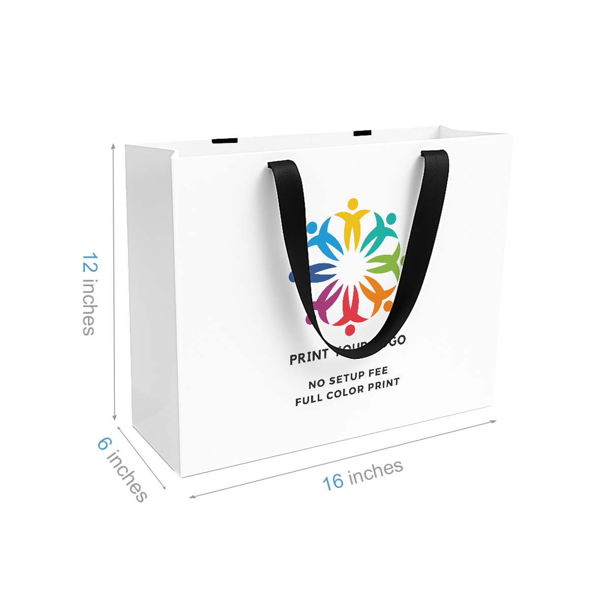 Vogue 16x6x12 inches White Contour Luxe Paper Bags, Double-sides Smooth Finish, Black Ribbon Handles; Full Color Custom Print, Printed in Canada