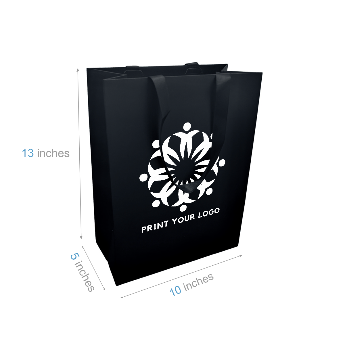 Debbie 10x5x13 inches Black Laminated Contour Luxe Paper Bags, Double-sides Smooth Finish, Black Ribbon Handles; One Color Custom Print, Printed in Canada