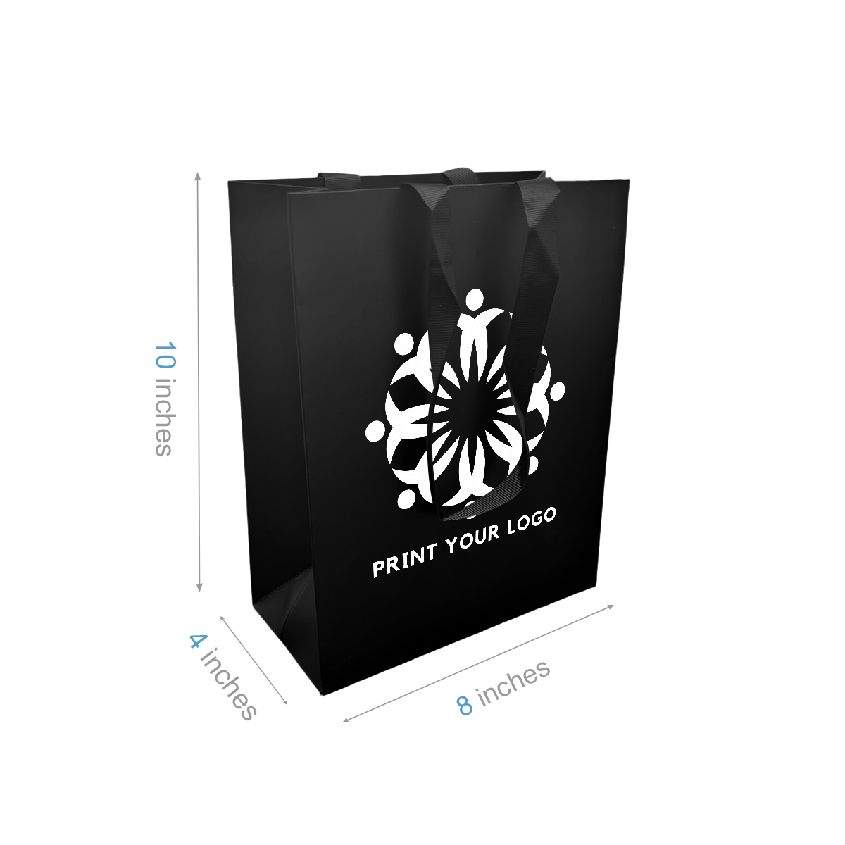 Cub 8x4x10 inches Black Laminated Contour Luxe Paper Bags, Double-sides Smooth Finish, Black Ribbon Handles; One Color Custom Print, Printed in Canada