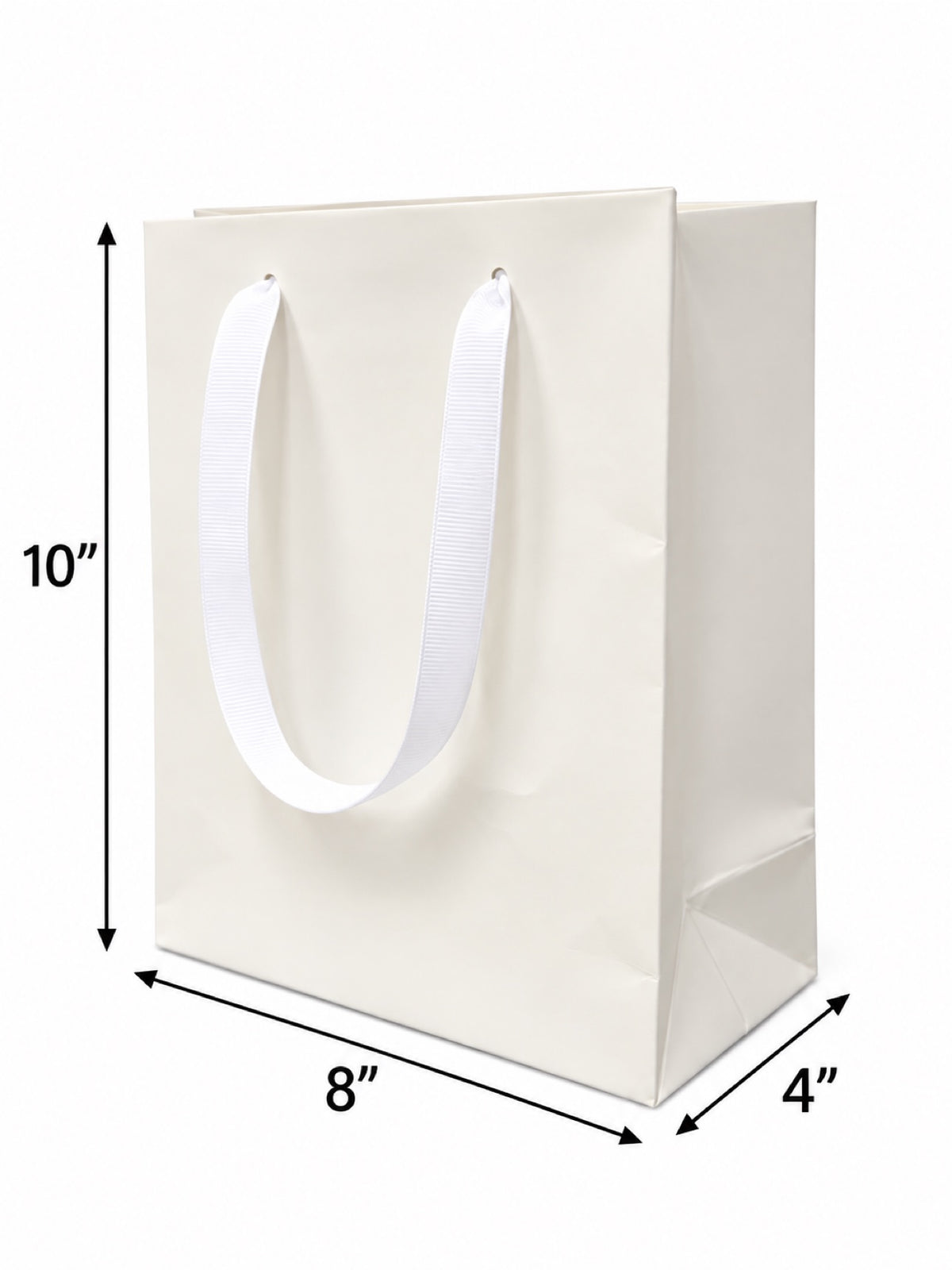 Euro Tote White Paper Shopping Bag 8"x4"x10" with White Grosgrain Ribbon Handles, 150 pcs/Case – SKU#5304