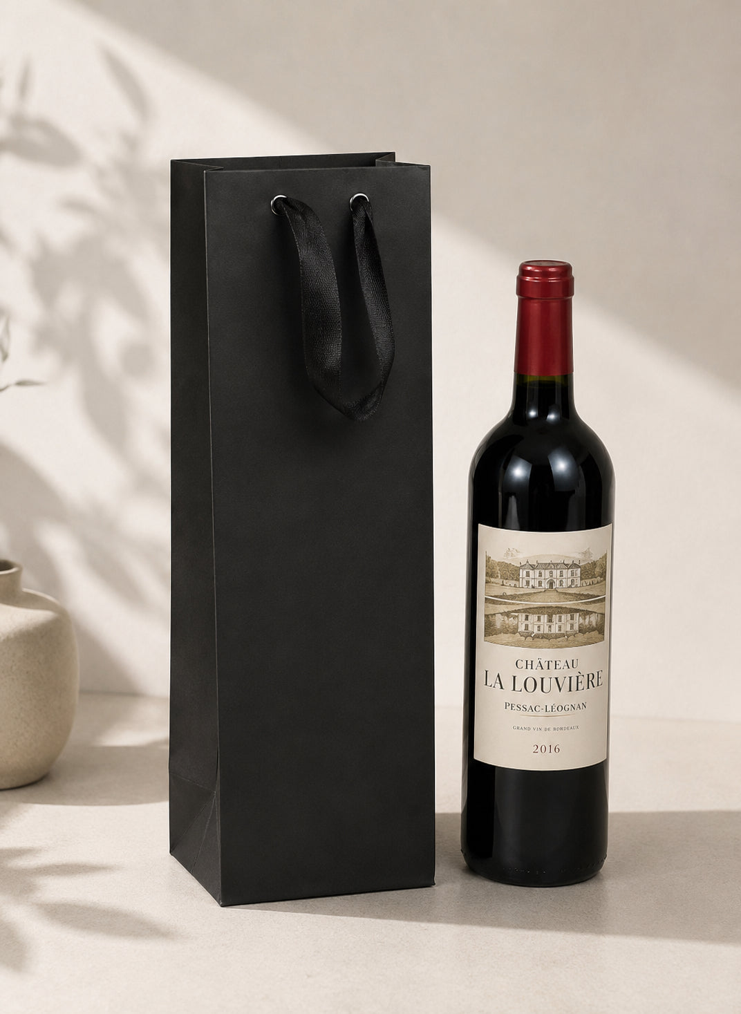 Black Imperial Wine Bags 4.5 x 4.5 x 15 inches with Twill Ribbon Handles