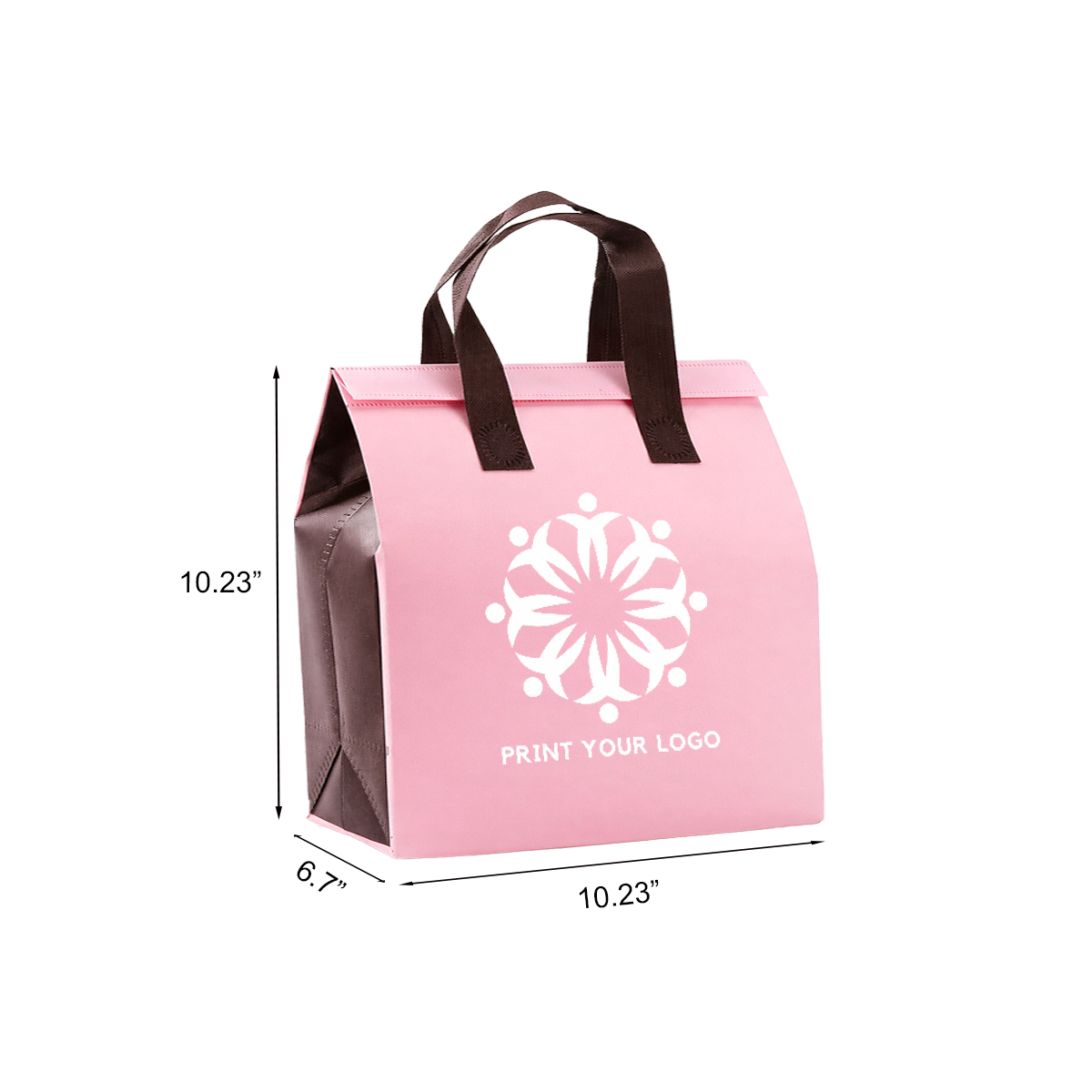 Custom Printed Aluminum Cooler Pink Insulated Takeout Bags (10.23” x 6.7” x 10.23”) with Brown Flat Handles - SKU #6033