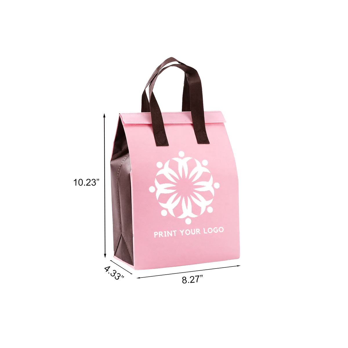 Custom Printed Aluminum Cooler Pink Insulated Takeout Bags (8.27″ × 4.33″ × 10.33″) with Brown Flat Handles - SKU #6029