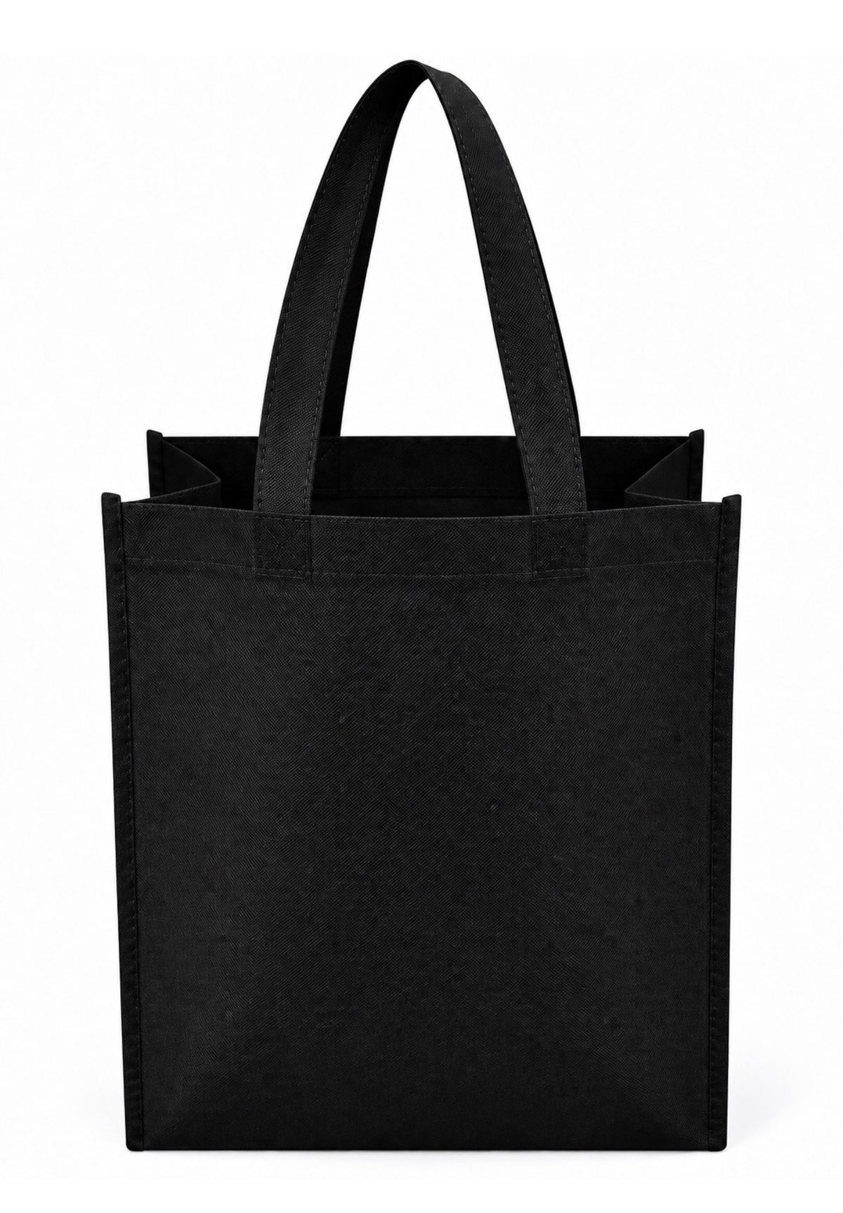 Plain black non-woven tote bag with long handles, 12 × 6 × 14 inches