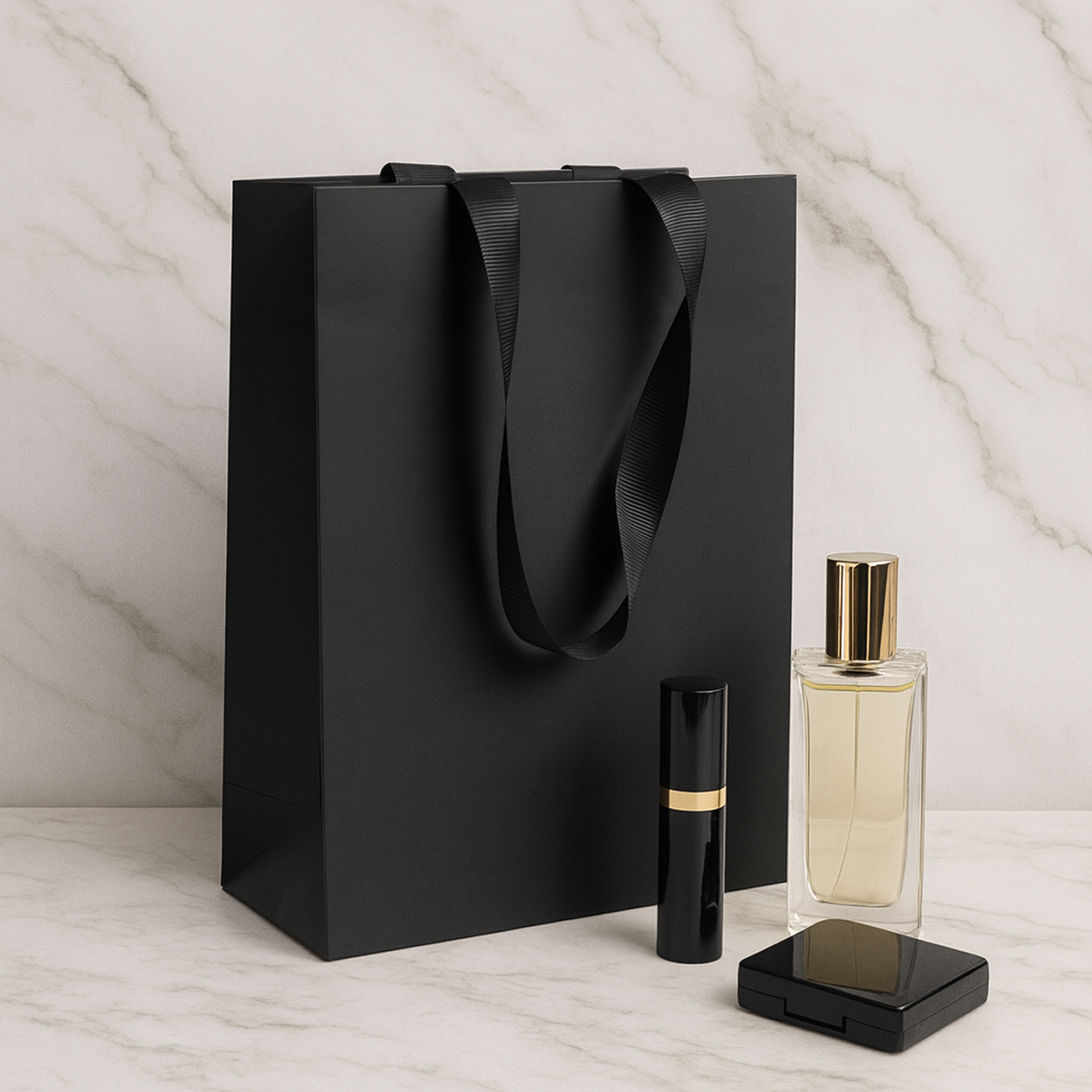 FB8410BK | 200pcs Cub 8x4x10 inches Black Laminated Contour Luxe Paper Bags, Double-sides Smooth Finish, Black Ribbon Handles; $1.05/pc