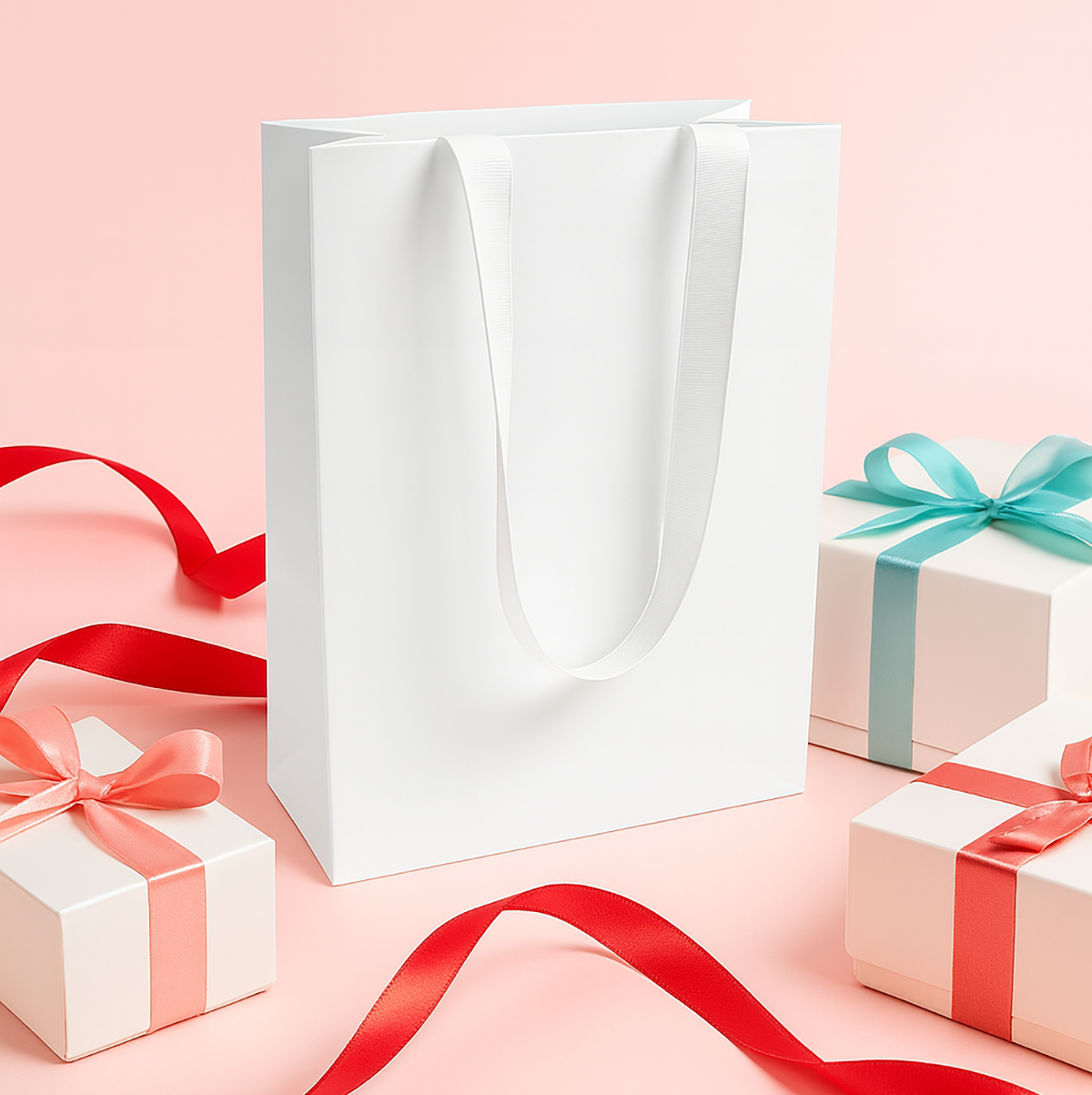 FB8410WW | 200pcs Cub 8x4x10 inches White Contour Luxe Paper Gift Bag, Double-sides Smooth Finish, White Ribbon Handles; $0.96/pc