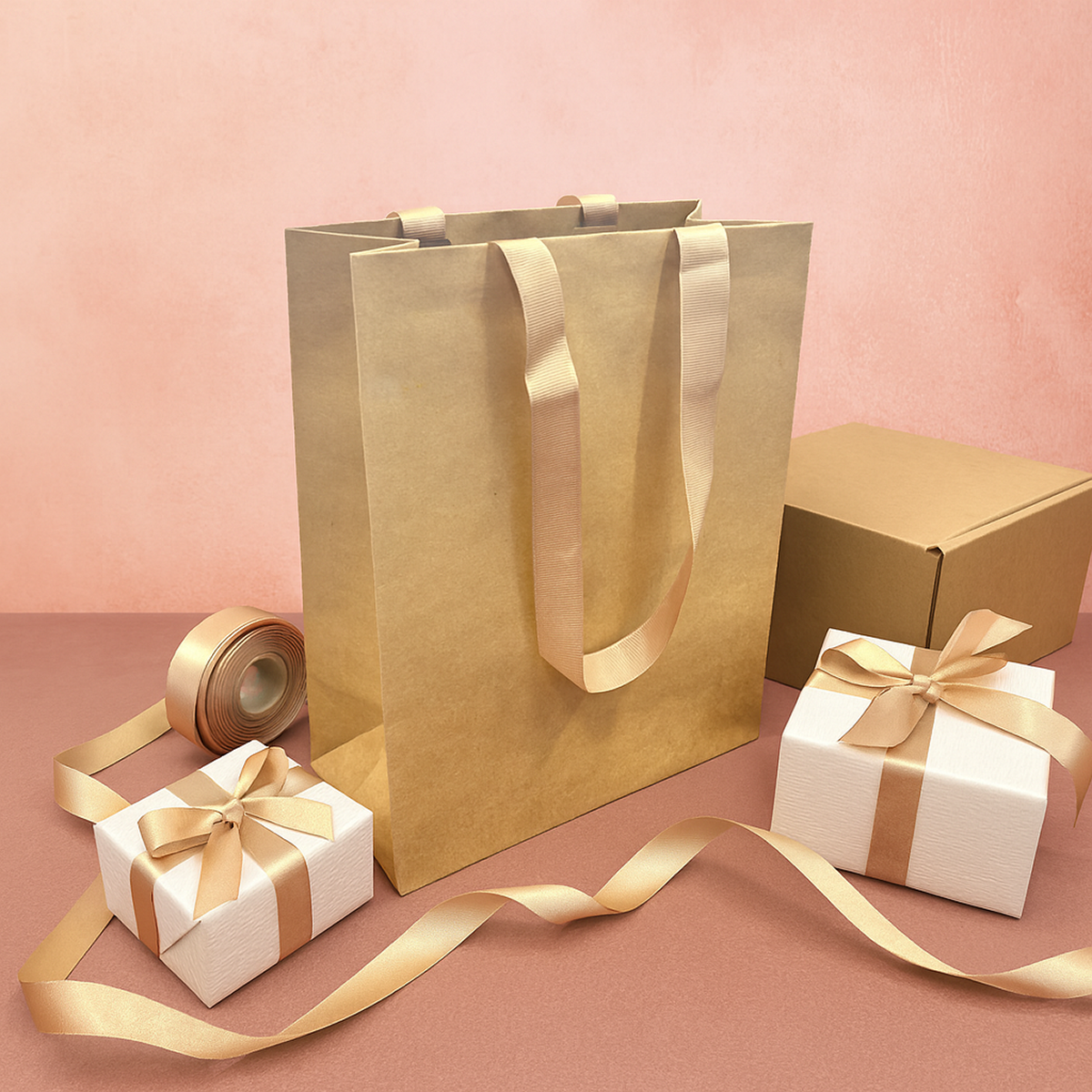 FB8410BBR | 200pcs Cub 8x4x10 inches Kraft Contour Luxe Paper Bags, Double-sides Smooth Finish, Brown Ribbon Handles; $0.84/pc