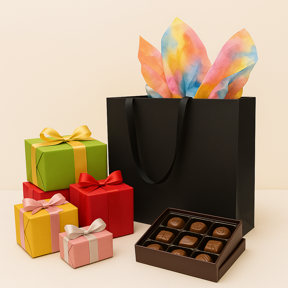 FB1662BK | 100pcs Vogue 16x6x12 inches Black Laminated Contour Luxe Paper Bags, Double-sides Smooth Finish, Black Ribbon Handles; $1.46/pc