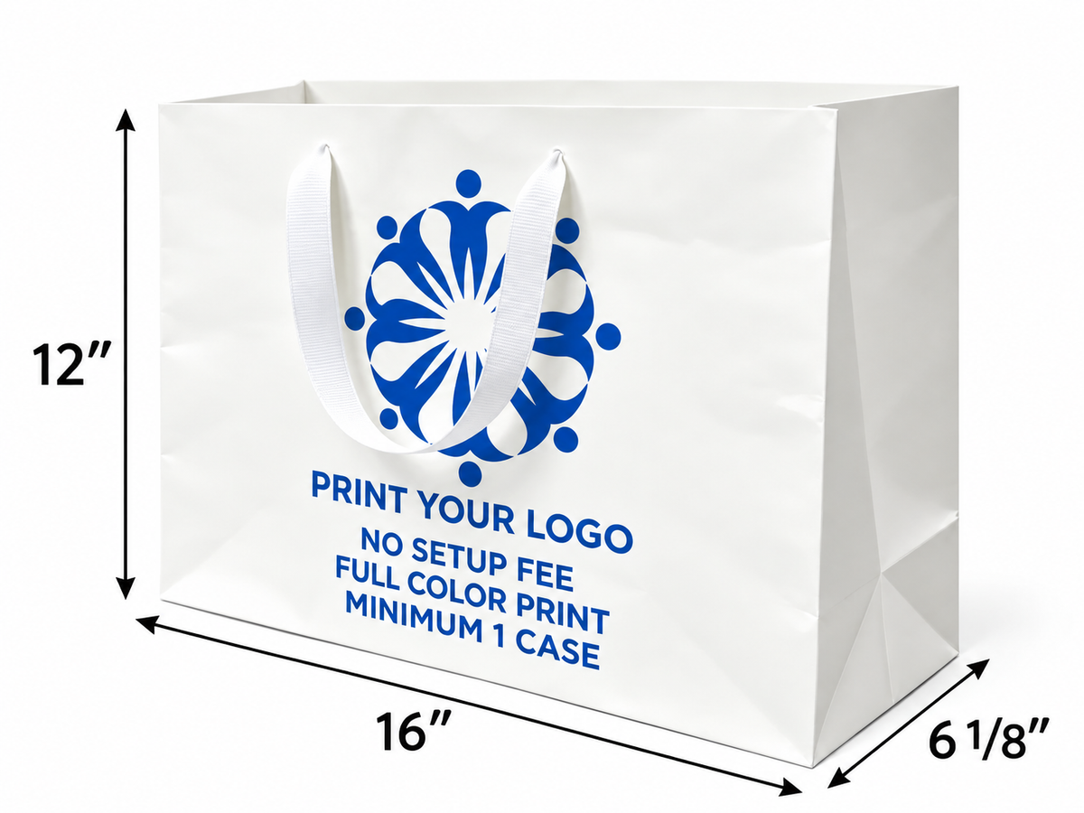 Custom Printed Euro Tote Laminated Vogue White Paper Bags 16" x 6" x 12" with Ribbon Handles - SKU #6835