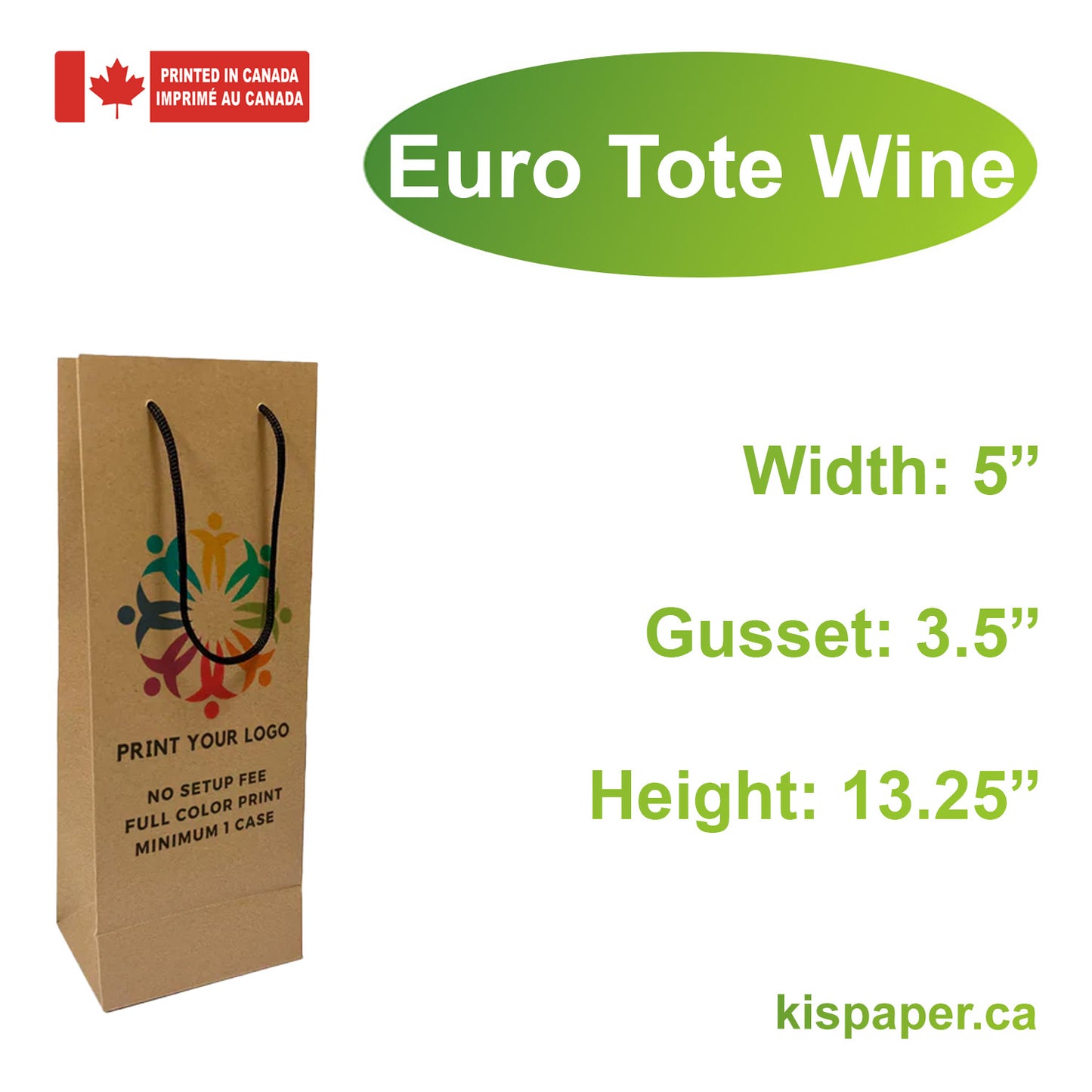 Euro Tote Wine 5x3.5x13.25 inches Kraft Paper Bags Rope Handles; Full Color Custom Print, Printed in Canada